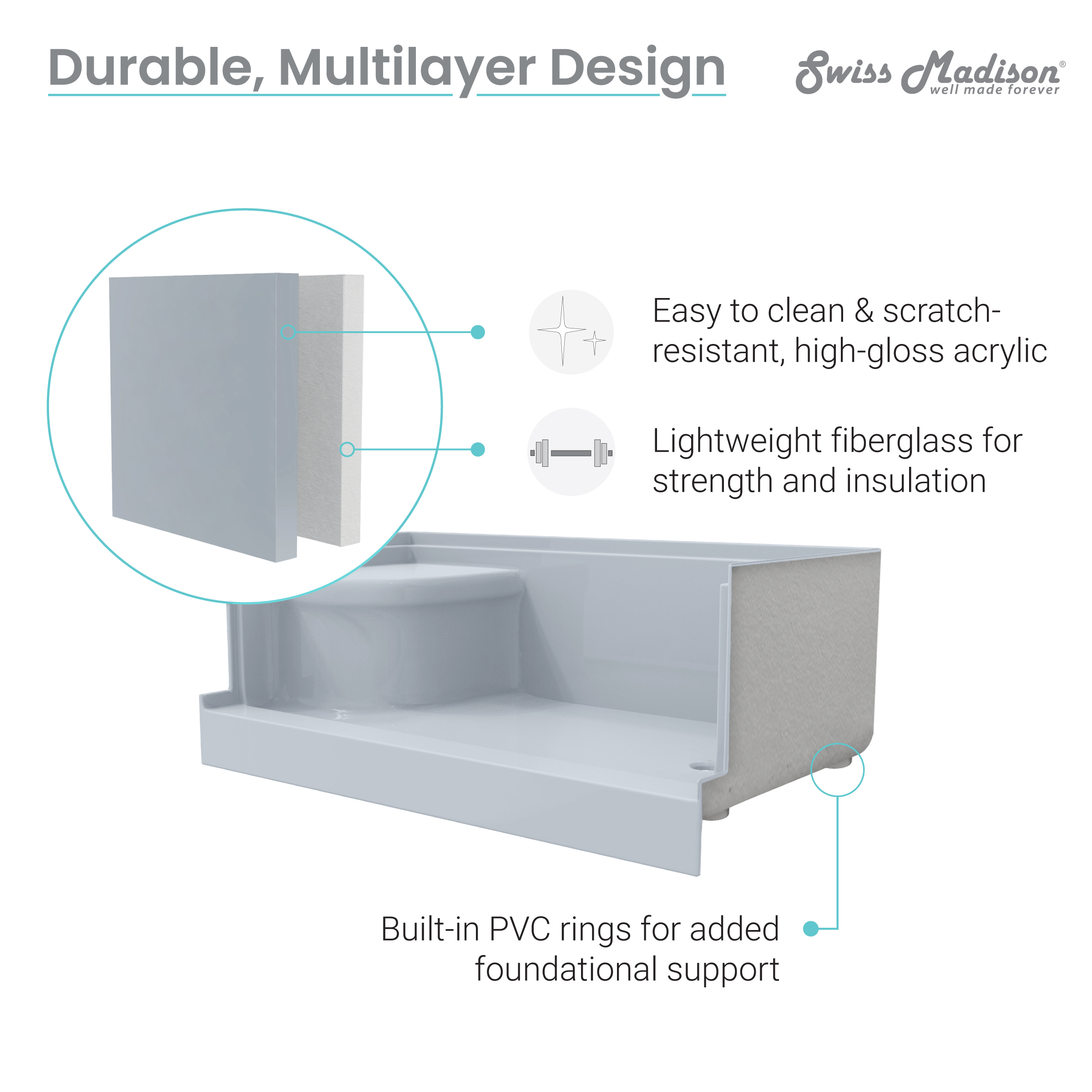 Aquatique 60" x 32" Single Threshold Shower Base With Left Hand Drain and Integral Right Hand Seat in Grey