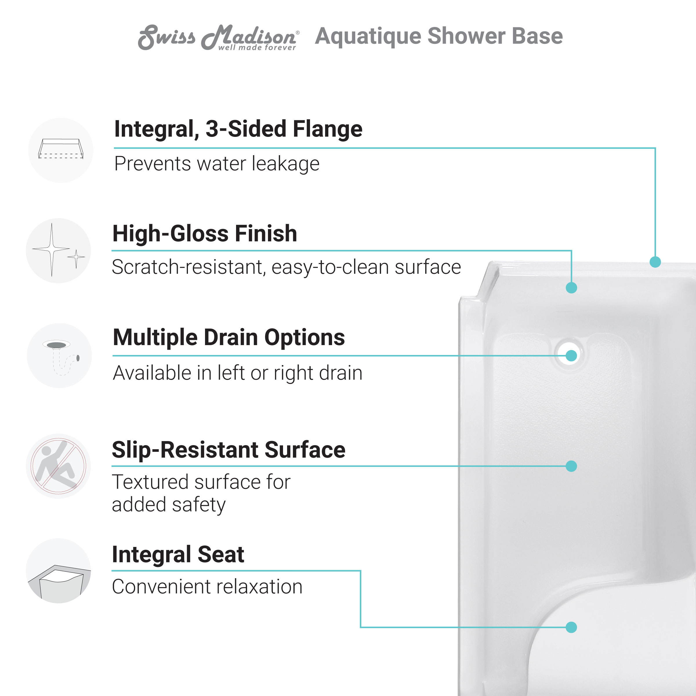 Aquatique 60" x 32" Single Threshold Shower Base With Left Hand Drain and Integral Right Hand Seat in White