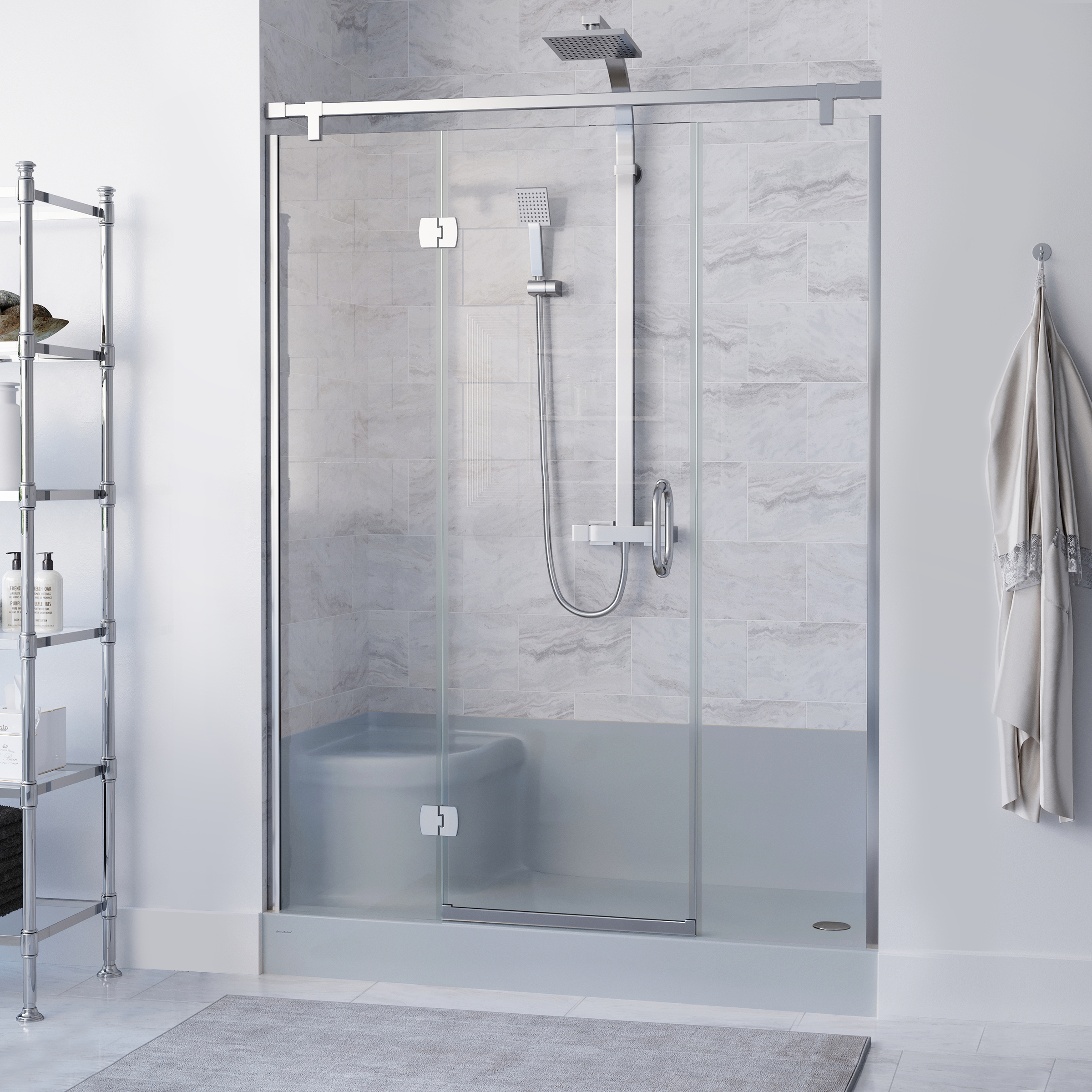 Aquatique 60" x 32" Single Threshold Shower Base With Right Hand Drain and Integral Left Hand Seat in Grey