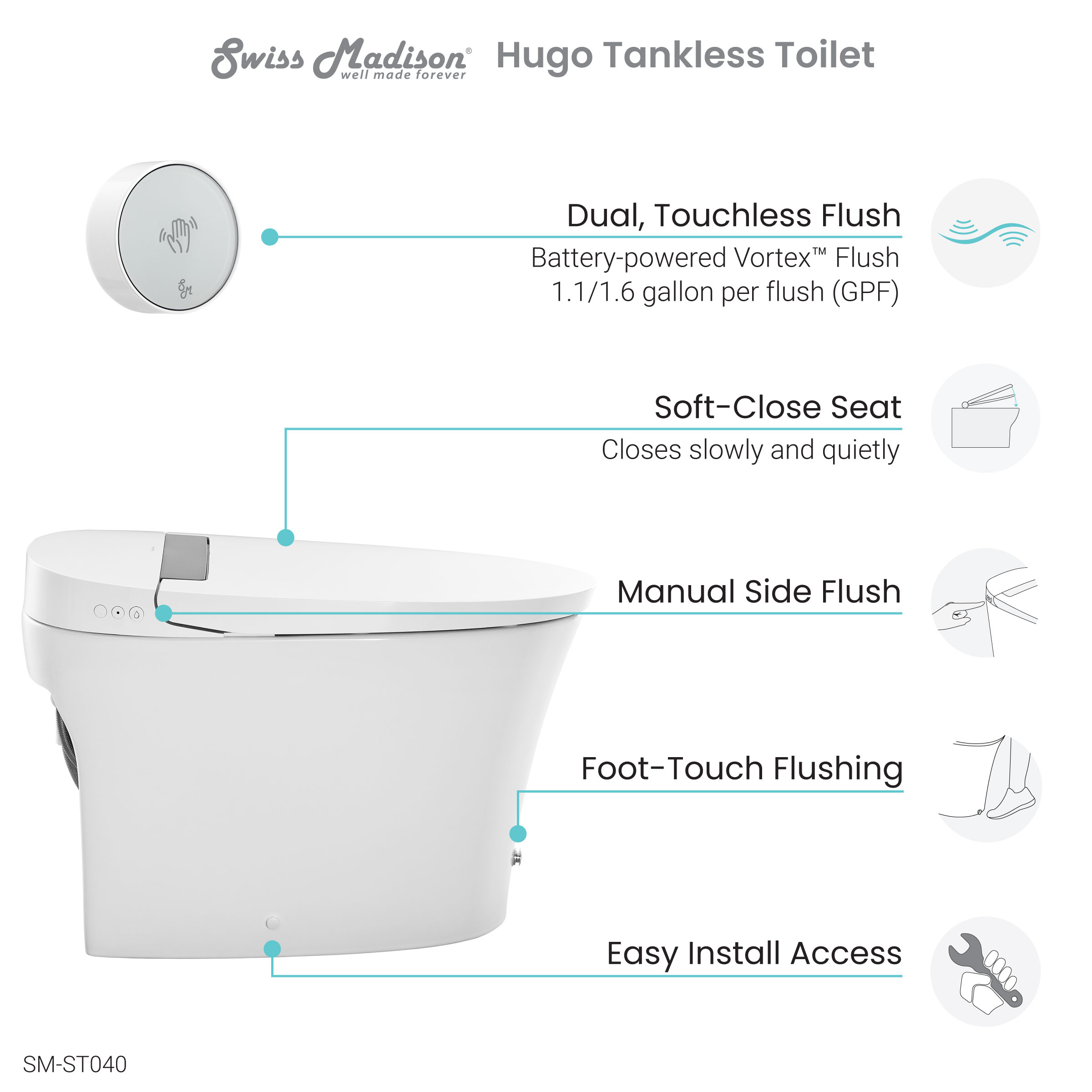 Hugo Smart Tankless Elongated Toilet, Touchless Vortexâ¢ Dual-Flush 1.1/1.6 gpf