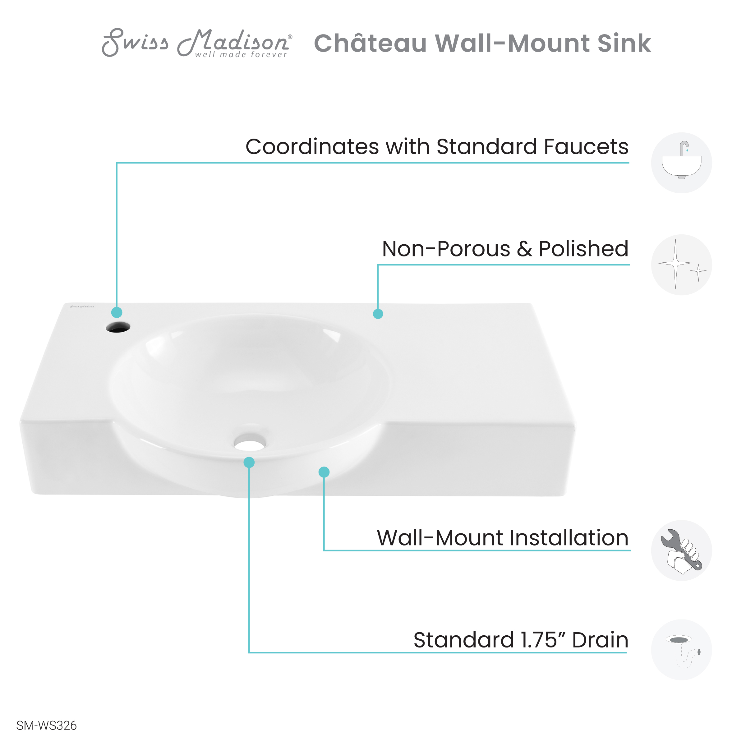 Chateau 30" Left Side Faucet Wall-Mount Bathroom Sink