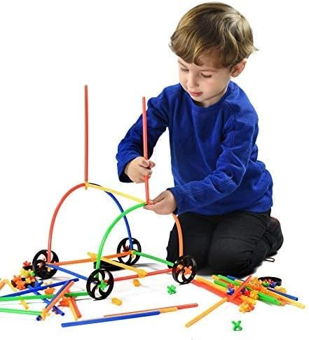 300 Piece Straws Builders Construction Building Toy with Wheels - with Special Colored Connectors