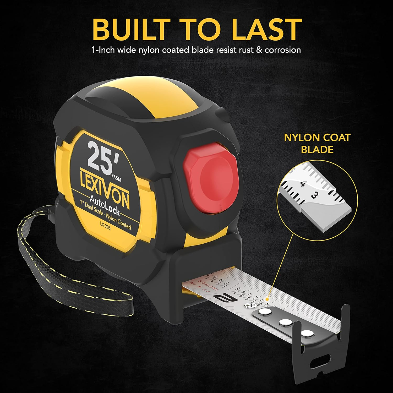 LEXIVON [4-Pack] 25Ft/7.5m AutoLock Tape Measure | 1-Inch Wide Blade with Nylon Coating, Matte Finish White & Yellow Dual Sided Rule Print | Ft/Inch/Fractions/Metric (LX-205X4)