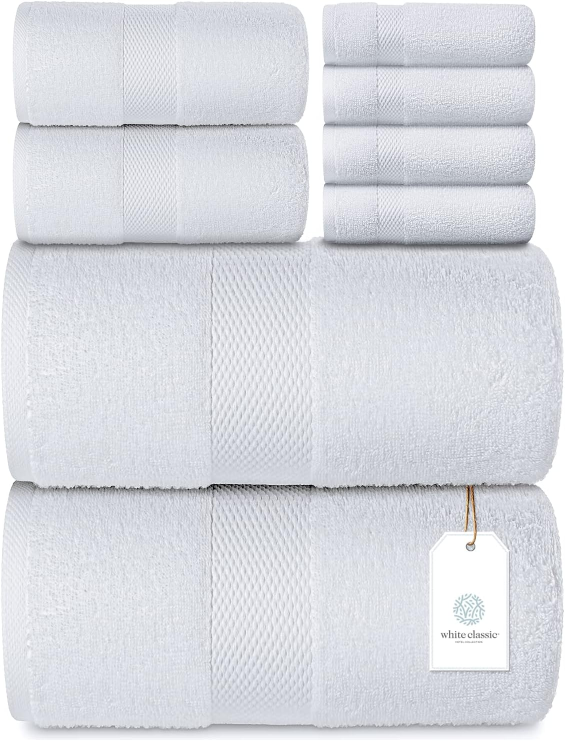 White Classic Luxury Aqua Bath Towel Set - Hotel Soft Cotton 2/Bath 2/Hand 4/Wash - 8 Piece