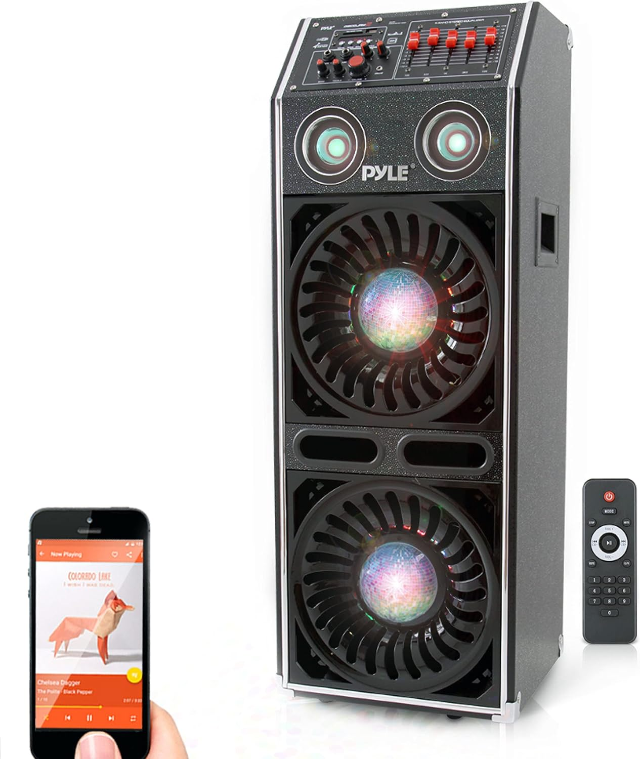 Disco Jam 2 Bluetooth Active Powered Speaker System, Flashing DJ Lights, Dual 10-Inch Woofers, Dual 3-Inch Tweeters, USB/SD Memory Card Readers, Aux (3.5mm) Input, 1500 Watt (Works with Passive Speaker Model: PSUFM1070P)