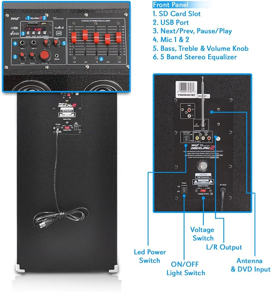 Disco Jam 2 Bluetooth Active Powered Speaker System, Flashing DJ Lights, Dual 10-Inch Woofers, Dual 3-Inch Tweeters, USB/SD Memory Card Readers, Aux (3.5mm) Input, 1500 Watt (Works with Passive Speaker Model: PSUFM1070P)