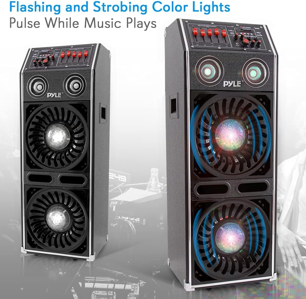 Disco Jam 2 Bluetooth Active Powered Speaker System, Flashing DJ Lights, Dual 10-Inch Woofers, Dual 3-Inch Tweeters, USB/SD Memory Card Readers, Aux (3.5mm) Input, 1500 Watt (Works with Passive Speaker Model: PSUFM1070P)