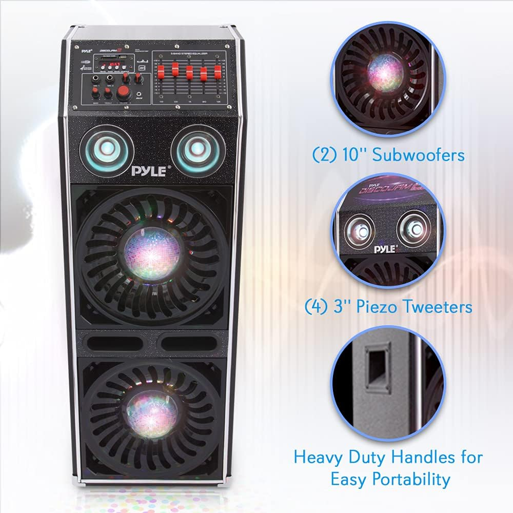 Disco Jam 2 Bluetooth Active Powered Speaker System, Flashing DJ Lights, Dual 10-Inch Woofers, Dual 3-Inch Tweeters, USB/SD Memory Card Readers, Aux (3.5mm) Input, 1500 Watt (Works with Passive Speaker Model: PSUFM1070P)