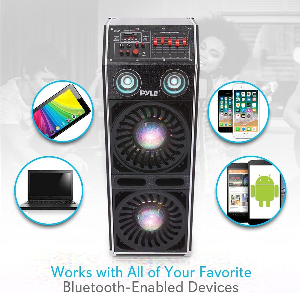 Disco Jam 2 Bluetooth Active Powered Speaker System, Flashing DJ Lights, Dual 10-Inch Woofers, Dual 3-Inch Tweeters, USB/SD Memory Card Readers, Aux (3.5mm) Input, 1500 Watt (Works with Passive Speaker Model: PSUFM1070P)