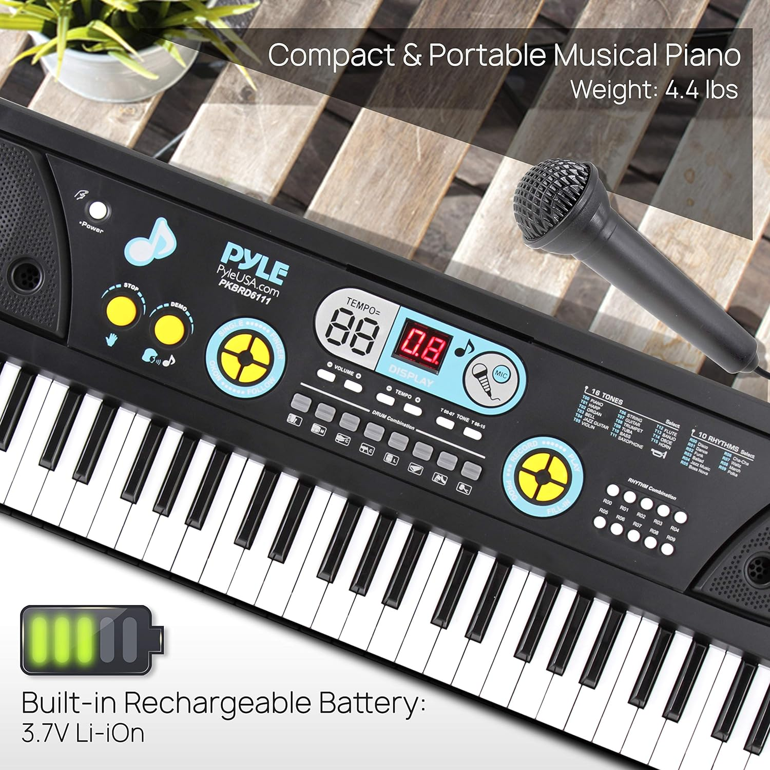 Digital Musical Karaoke Keyboard - Portable Electronic Piano Keyboard with Built-in Rechargeable Battery & Wired Microphone (61 Keys)