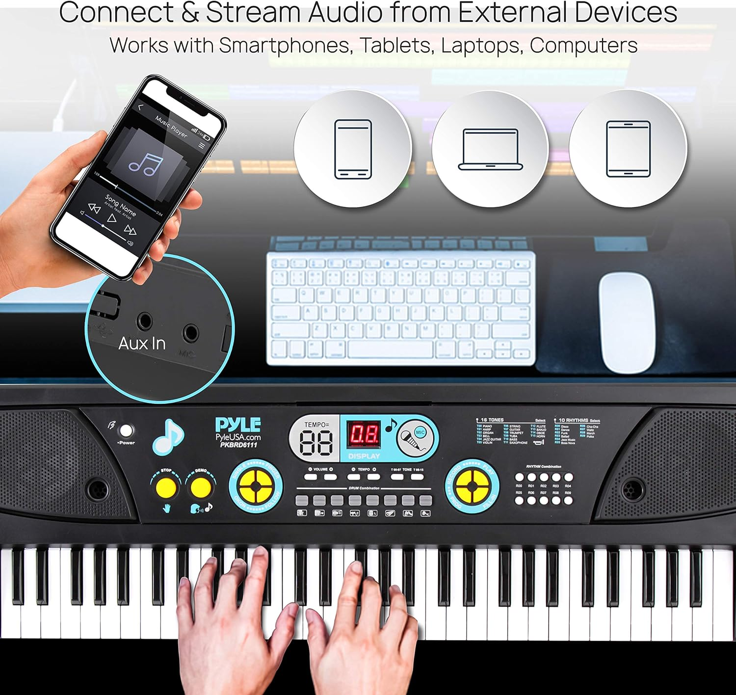 Digital Musical Karaoke Keyboard - Portable Electronic Piano Keyboard with Built-in Rechargeable Battery & Wired Microphone (61 Keys)