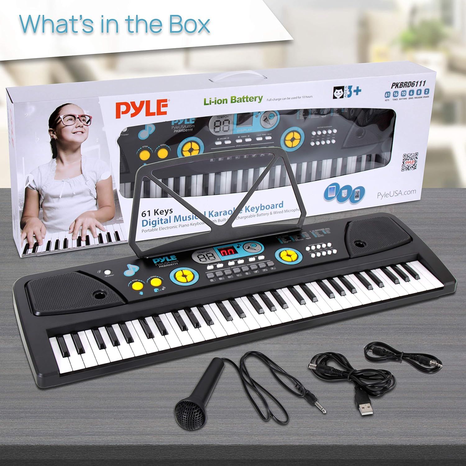 Digital Musical Karaoke Keyboard - Portable Electronic Piano Keyboard with Built-in Rechargeable Battery & Wired Microphone (61 Keys)