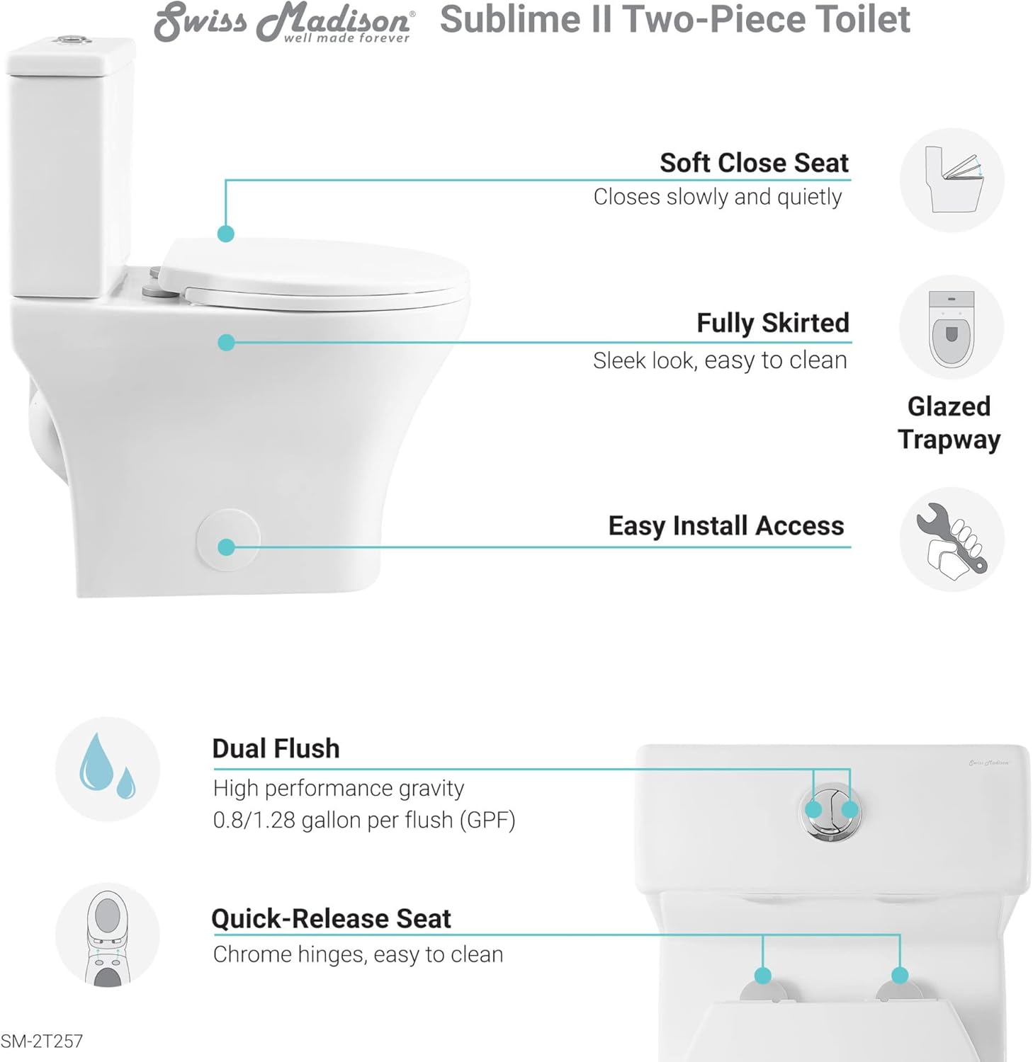 Swiss Madison Well Made Forever SM-2T257 Two Piece Toilet, Glossy White