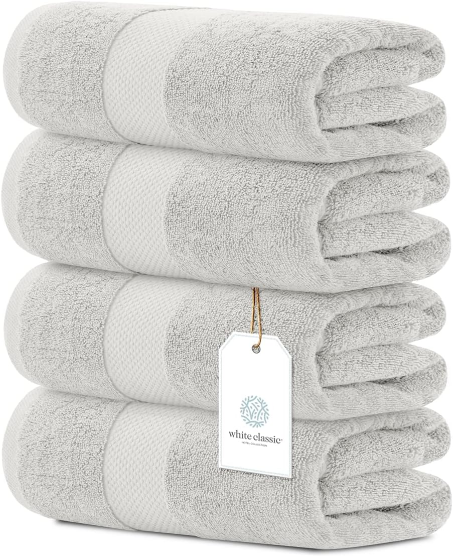 White Classic Luxury Bath Towels Large Pack of 4, Hotel Quality Bathroom Towel 27 x 54 Set, Light Grey Shower Cotton Towels 4 Pack, Large Thick Plush Bath Towels 700 Gsm For Body, Hair, Pool, Gym, Light Grey