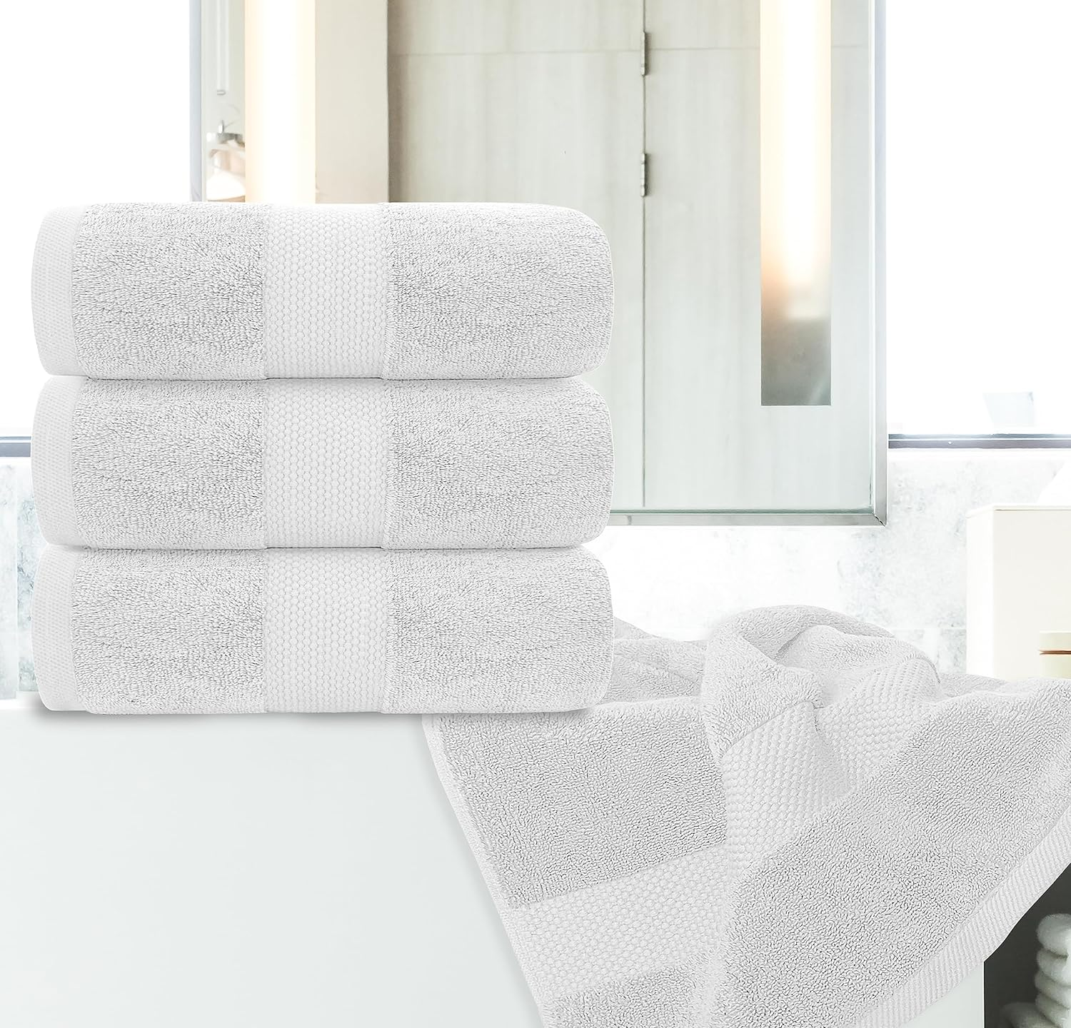 White Classic Luxury Bath Towels Large Pack of 4, Hotel Quality Bathroom Towel 27 x 54 Set, Light Grey Shower Cotton Towels 4 Pack, Large Thick Plush Bath Towels 700 Gsm For Body, Hair, Pool, Gym, Light Grey