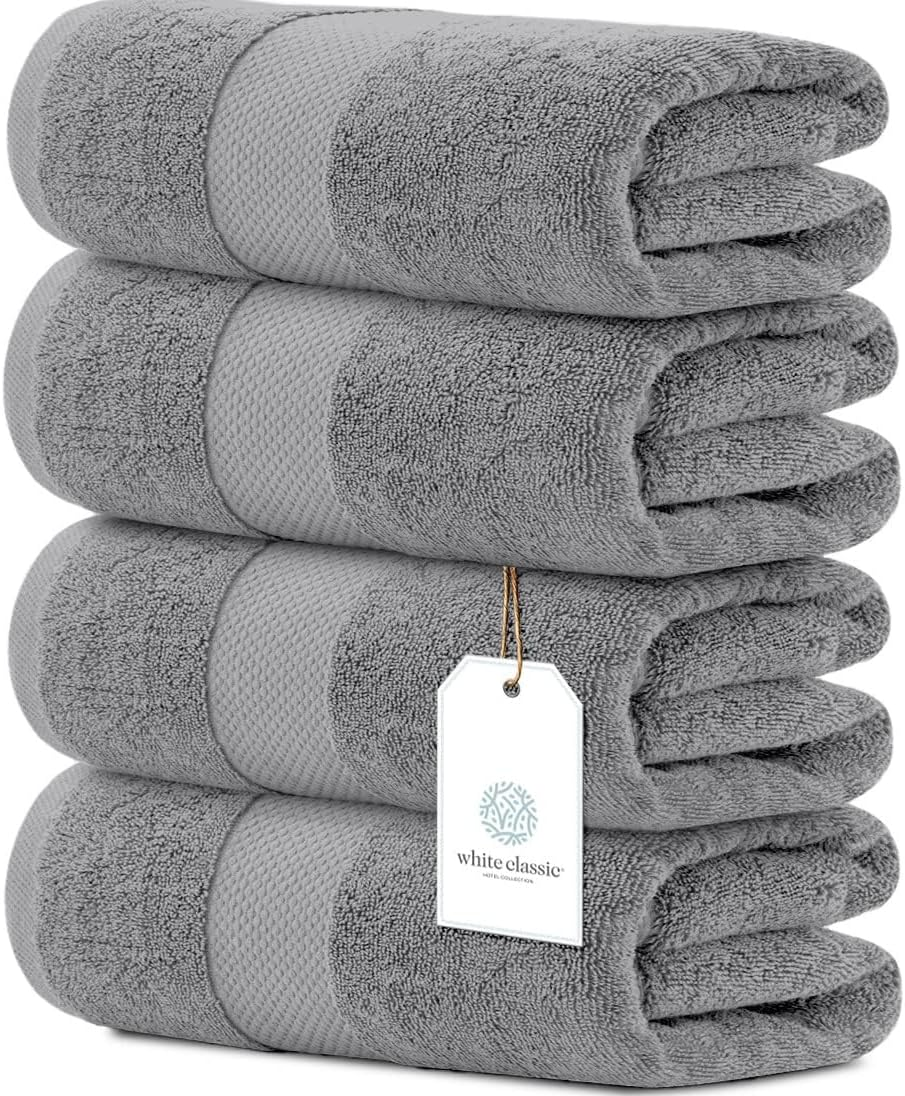 White Classic Luxury Bath Towels Large Pack of 4, Hotel Quality Bathroom Towel 27 x 54 Set, Light Grey Shower Cotton Towels 4 Pack, Large Thick Plush Bath Towels 700 Gsm For Body, Hair, Pool, Gym, Light Grey