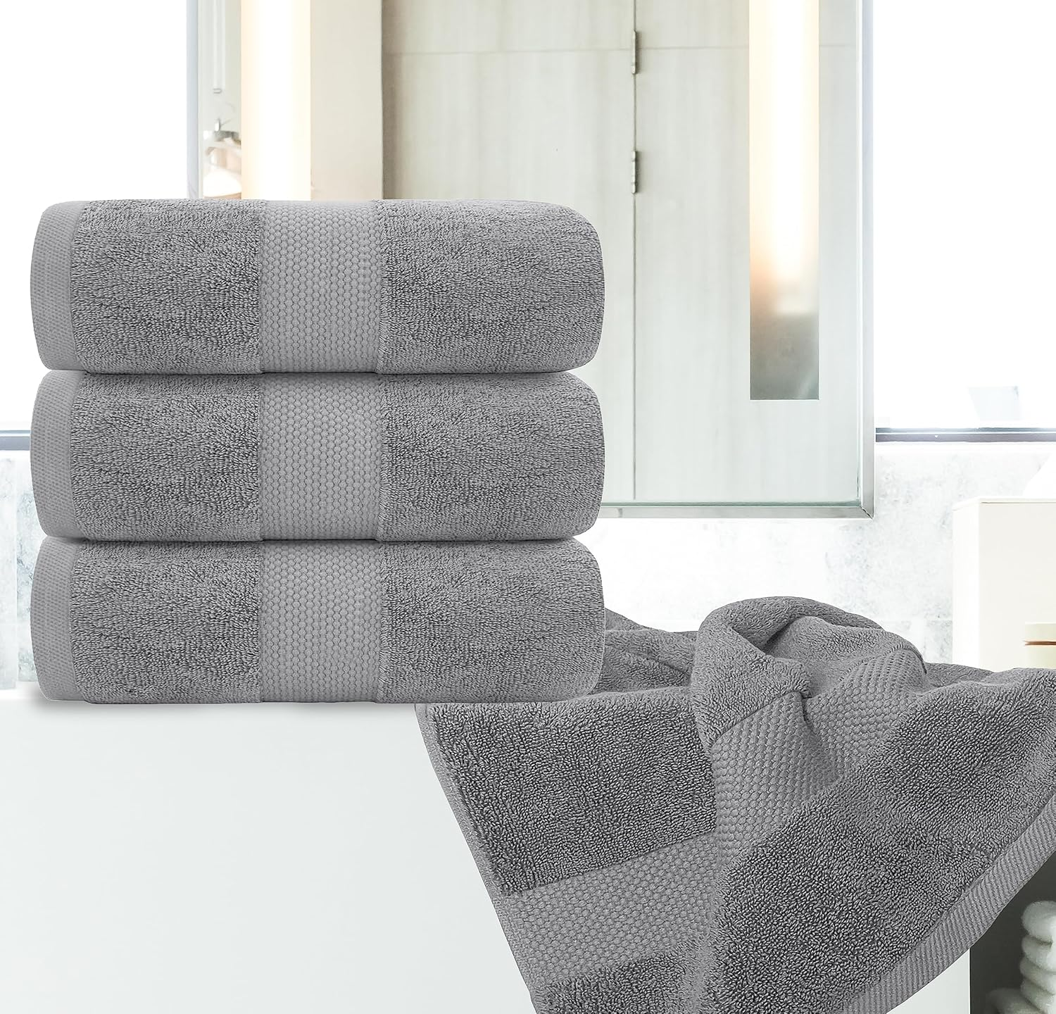 White Classic Luxury Bath Towels Large Pack of 4, Hotel Quality Bathroom Towel 27 x 54 Set, Light Grey Shower Cotton Towels 4 Pack, Large Thick Plush Bath Towels 700 Gsm For Body, Hair, Pool, Gym, Light Grey