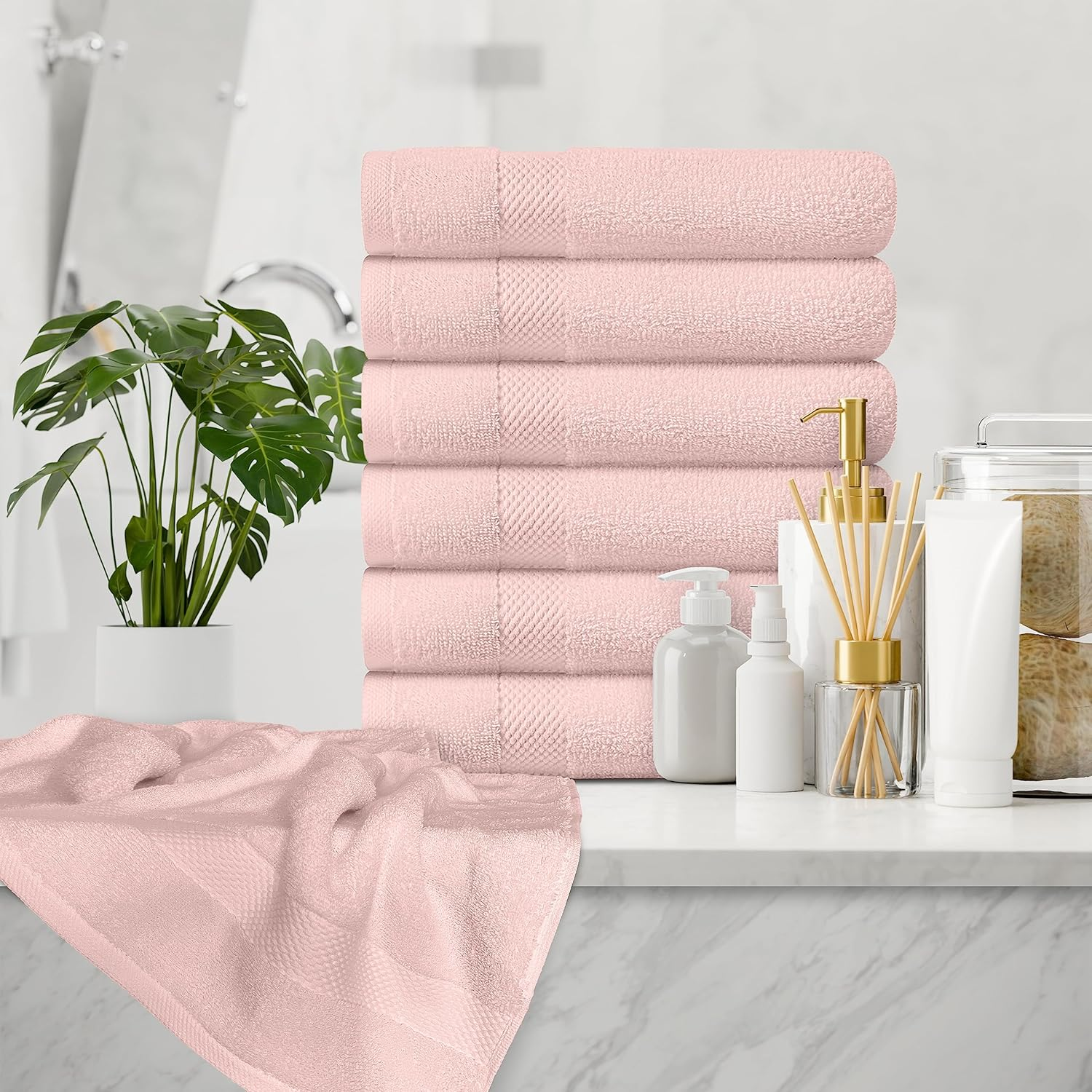 White Classic Luxury Cotton 6 Pc Hand Towels Set, Hotel Style Small Bath Towel and Face Towel 16x30, Rose Soft Plush Bath Towels Pack of 6, Thick Quick Dry Spa Gym Towels, Pink Hand Towel for Bathroom