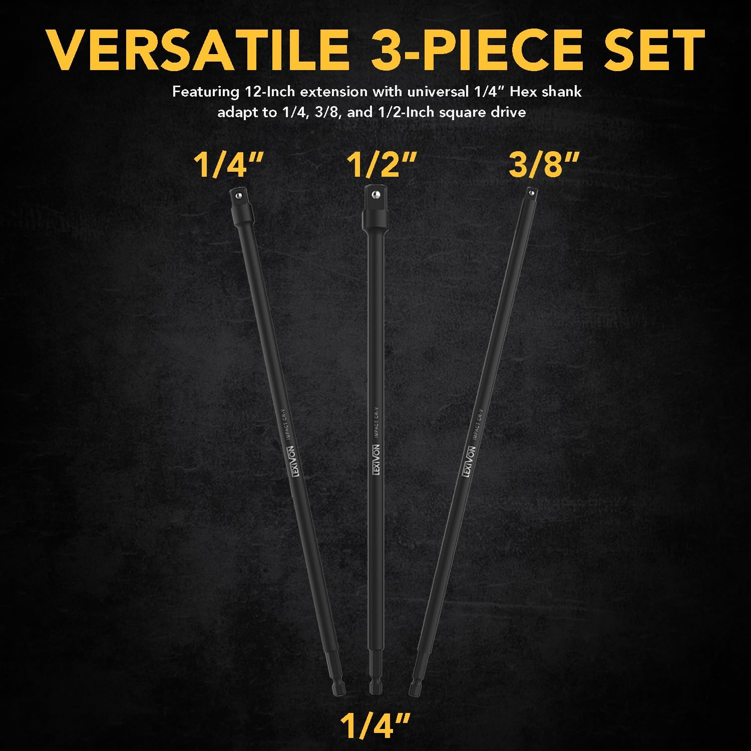 LEXIVON Impact Grade Socket Adapter Set, 12" Extension Bit with Holder | 3-Piece 1/4", 3/8", and 1/2" Drive, Adapt Your Power Drill to High Torque Impact Wrench (LX-103)