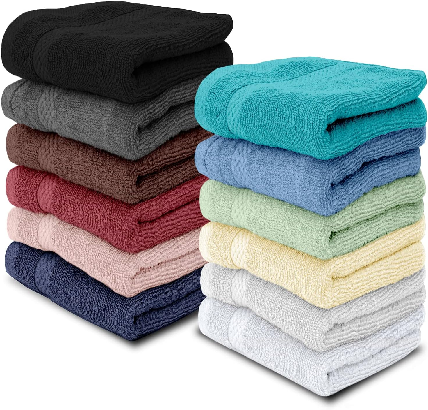 White Classic Luxury Cotton 12 Pc Washcloth Set, Hotel Style Small Bath Towel and Face Cloth 13x13, Multicolor Soft Plush Washcloth Pack of 12, Thick High Absorbent Wash Clothes, Face Towels