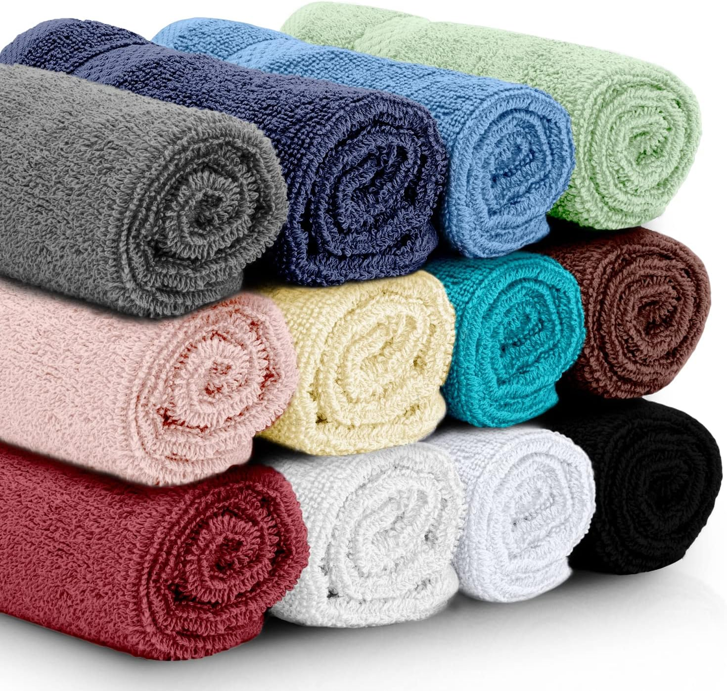 White Classic Luxury Cotton 12 Pc Washcloth Set, Hotel Style Small Bath Towel and Face Cloth 13x13, Multicolor Soft Plush Washcloth Pack of 12, Thick High Absorbent Wash Clothes, Face Towels