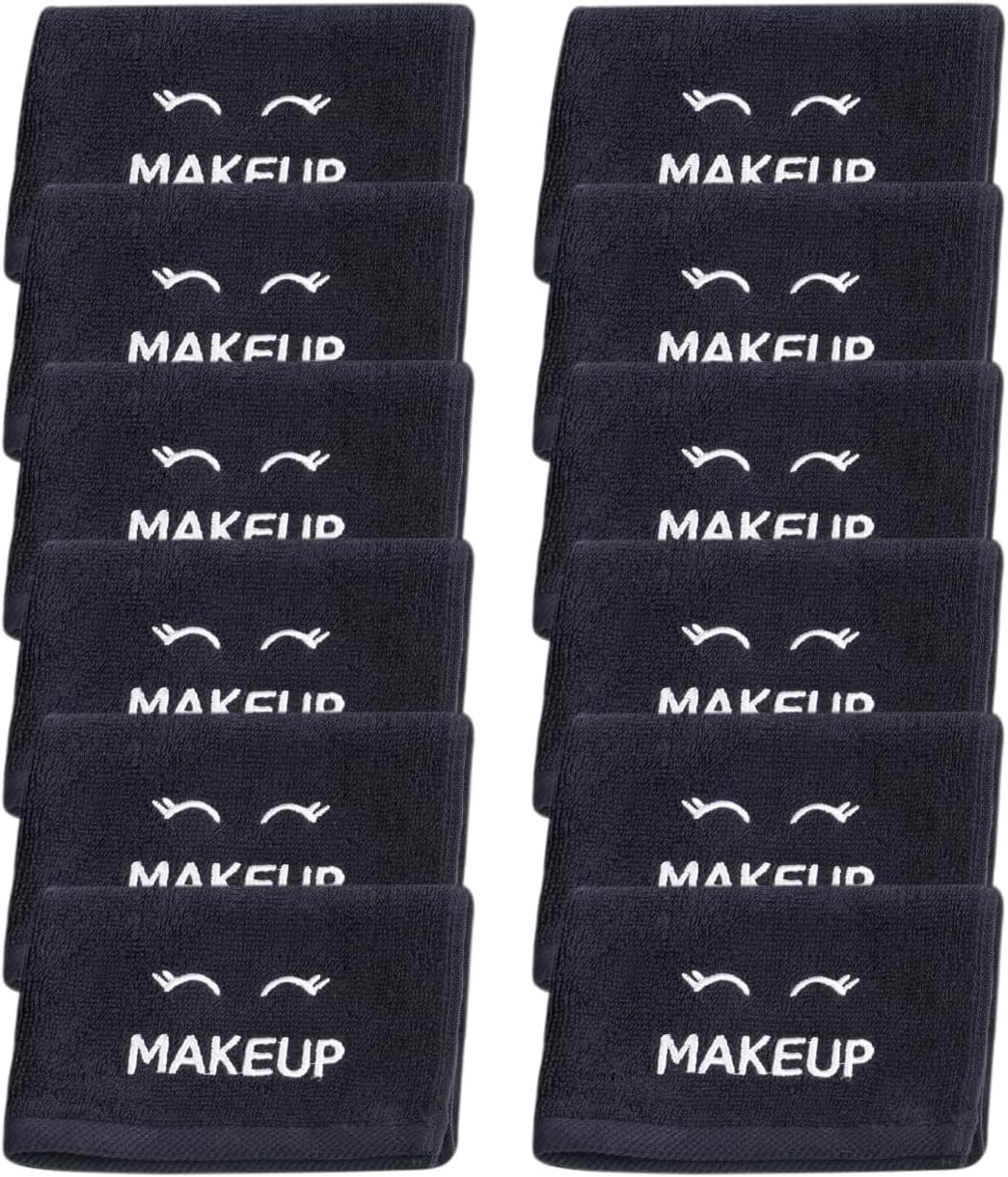 White Classic Bleach Safe Black Makeup Towels - Luxury Ultra Soft Cotton Face Makeup Washcloth for Make up Removal, Home Bathroom Black Washcloth Face Towels | 12 Pack, Black