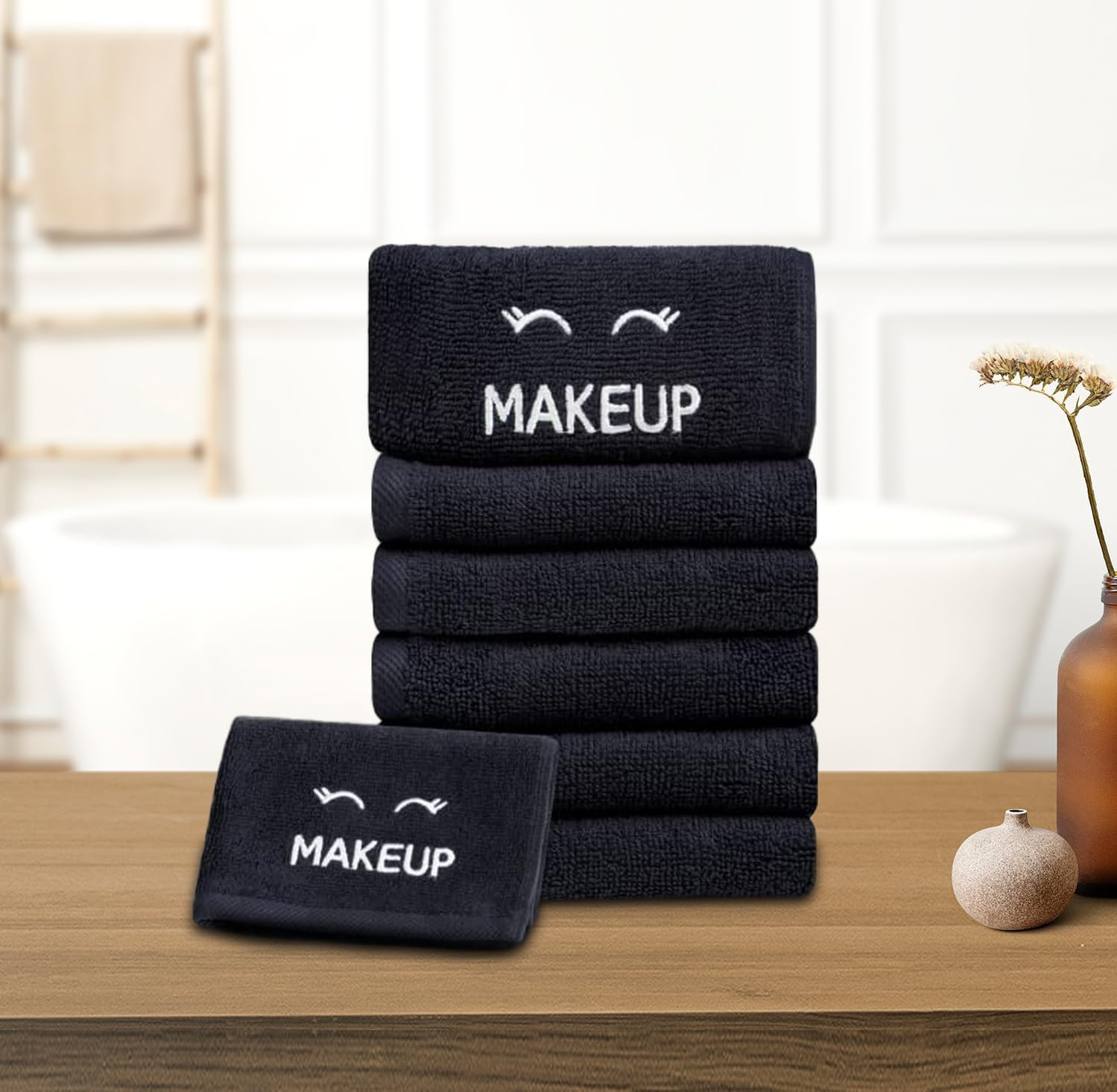 White Classic Bleach Safe Black Makeup Towels - Luxury Ultra Soft Cotton Face Makeup Washcloth for Make up Removal, Home Bathroom Black Washcloth Face Towels | 12 Pack, Black