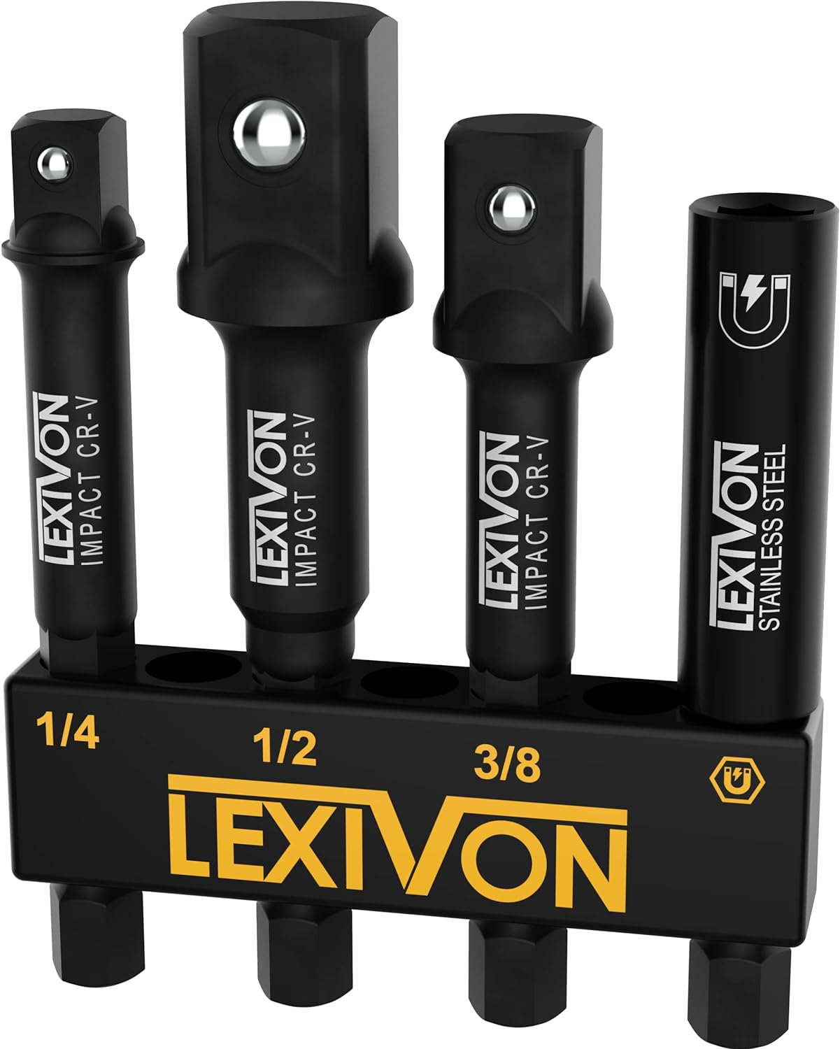 LEXIVON Impact Socket Adapter & Magnetic Bit Holder Set | 4 Pieces of 1/4-Inch Hex Shank Extension to 1/4", 3/8", and 1/2" Drive | includes Organizer Rack (LX-104)