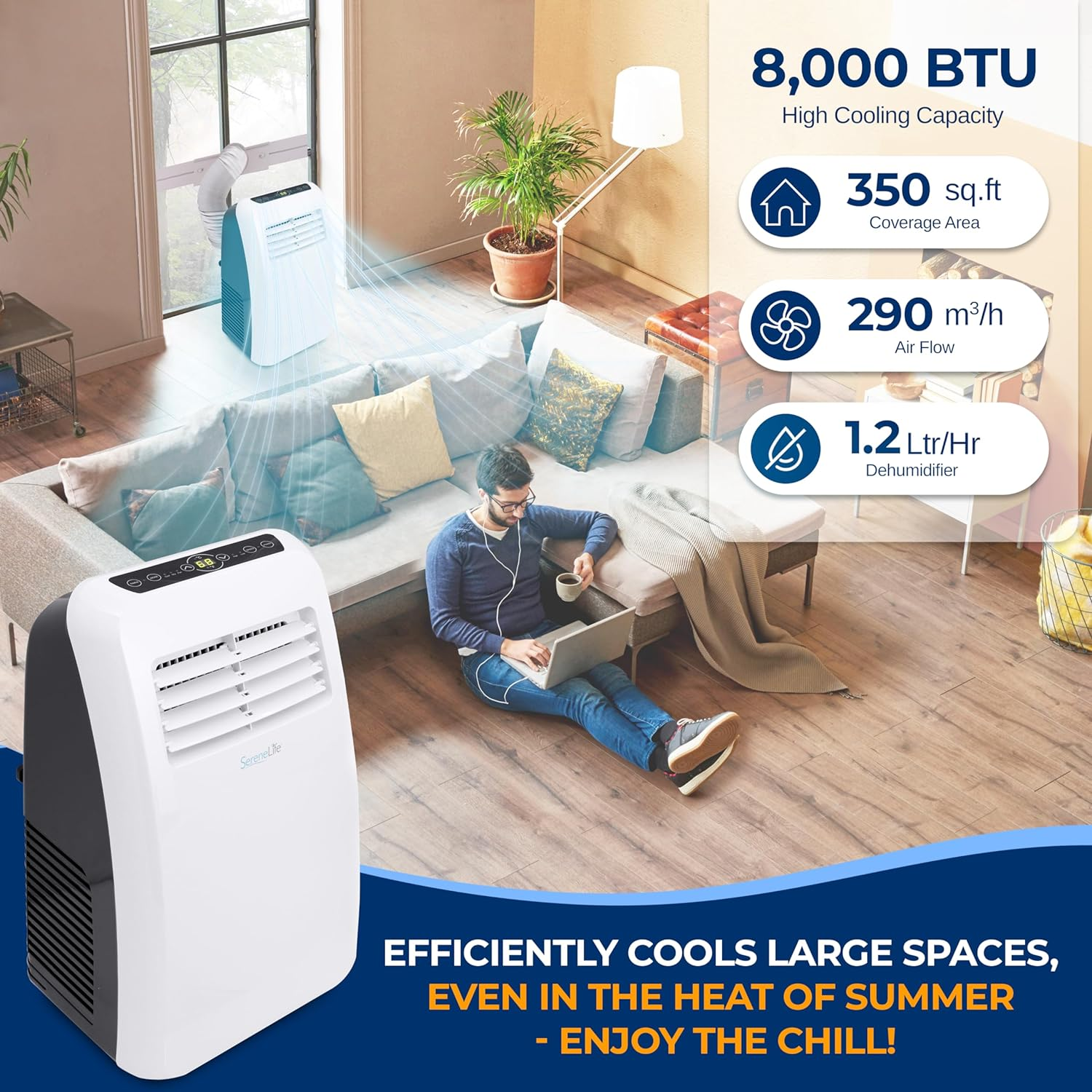 SereneLife Portable Electric Air Conditioner Unit-900W 8000 BTU Power Plug-in AC Cold Indoor Room Conditioning System with Cooler, Dehumidifier, Fan, Exhaust Hose, Window Seal, Wheels, Remote (SLPAC8)