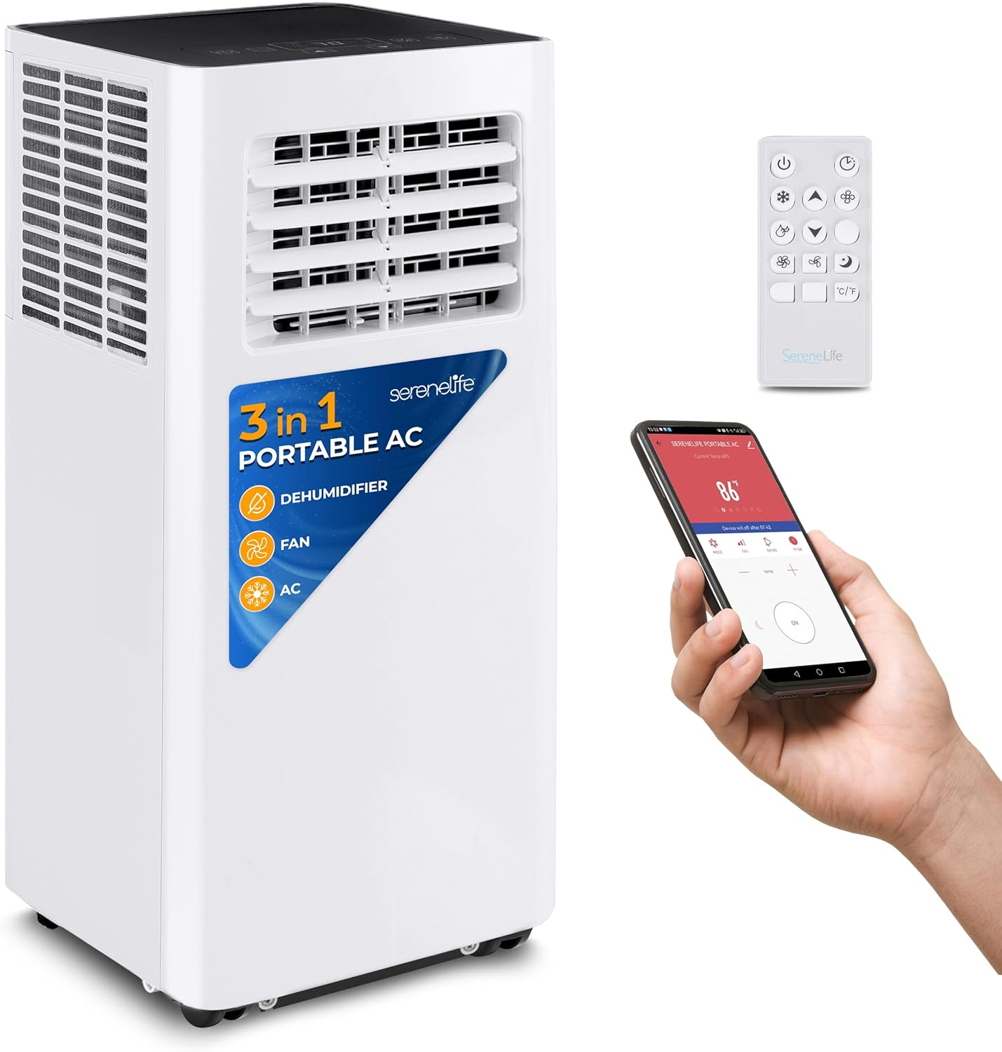 SereneLife Compact Freestanding Portable Air Conditioner-10,000 BTU Indoor Free Standing AC Unit w/Dehumidifier & Fan Modes For Home, Office, School & Business Rooms Up To 300 Sq. Ft-SLPAC105W