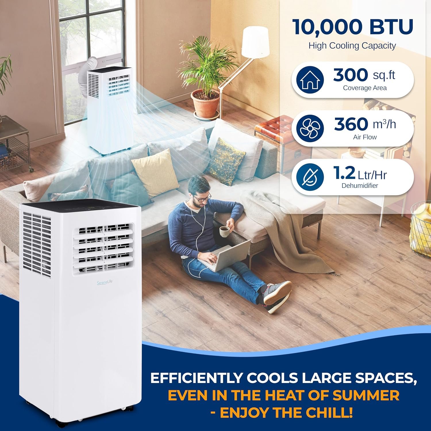 SereneLife Compact Freestanding Portable Air Conditioner-10,000 BTU Indoor Free Standing AC Unit w/Dehumidifier & Fan Modes For Home, Office, School & Business Rooms Up To 300 Sq. Ft-SLPAC105W