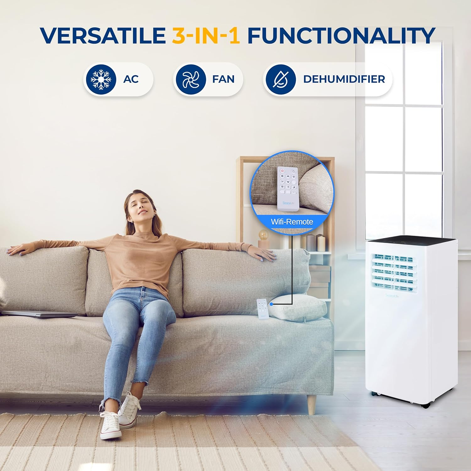 SereneLife Compact Freestanding Portable Air Conditioner-10,000 BTU Indoor Free Standing AC Unit w/Dehumidifier & Fan Modes For Home, Office, School & Business Rooms Up To 300 Sq. Ft-SLPAC105W