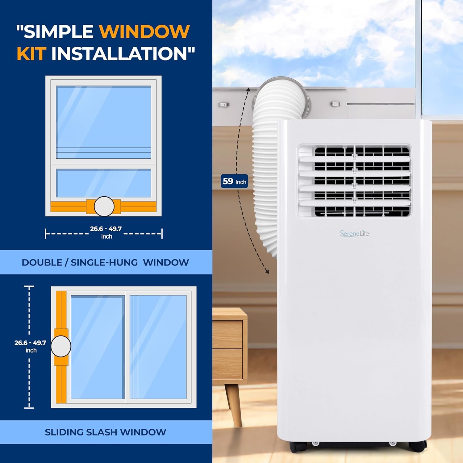 SereneLife Compact Freestanding Portable Air Conditioner-10,000 BTU Indoor Free Standing AC Unit w/Dehumidifier & Fan Modes For Home, Office, School & Business Rooms Up To 300 Sq. Ft-SLPAC105W