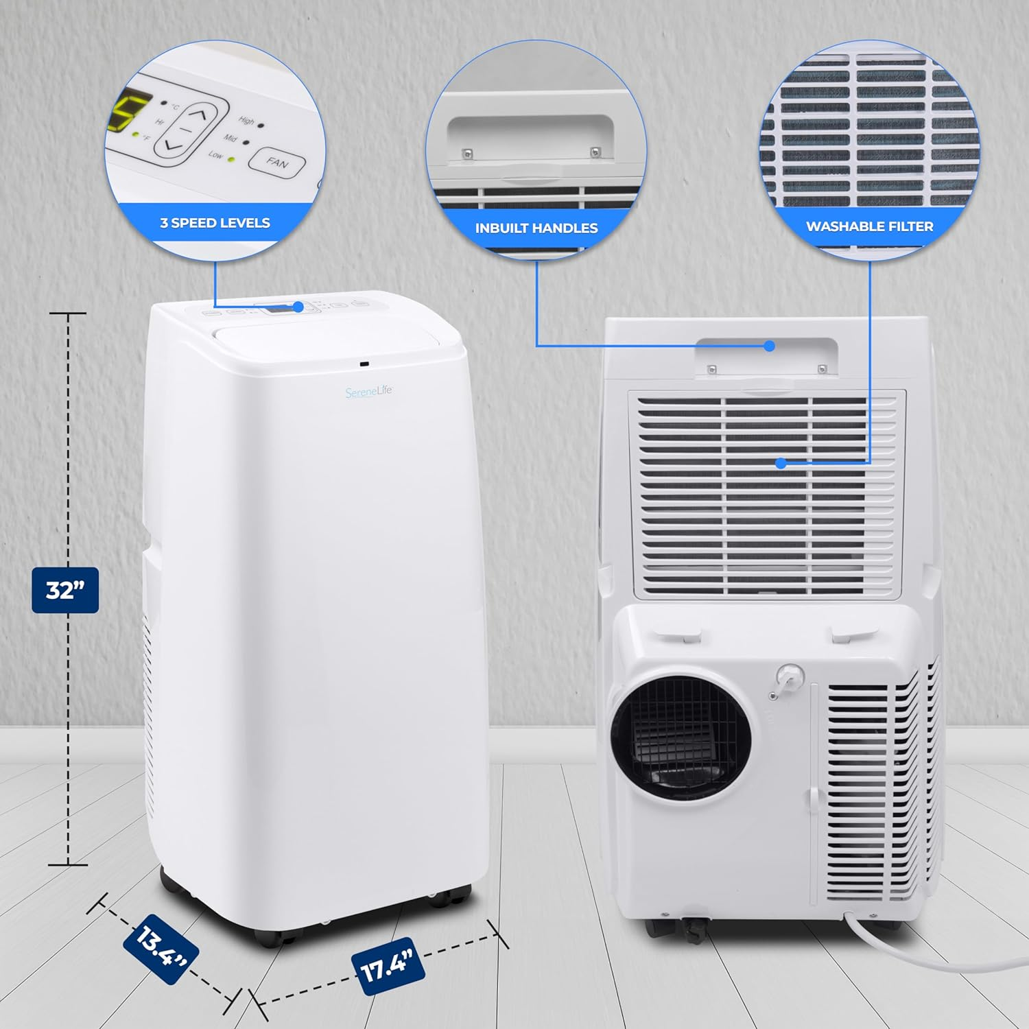 SereneLife SLPAC12.5 Portable Air Conditioner Compact Home AC Cooling Unit with Built-in Dehumidifier & Fan Modes, Quiet Operation, Includes Window Mount Kit, 12,000 BTU, White