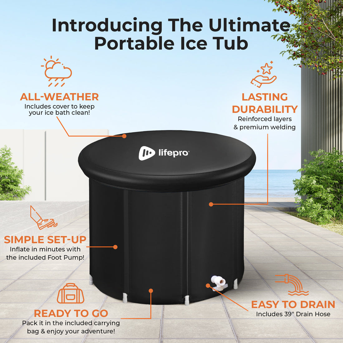 Lifepro Portable Ice Bath Tub with Lid and Storage Bag - Lightweight, Durable Cold Plunge Tub for Home Therapy Sessions -Home & Travel Ice Bath Tub for Adults and Athletes - 14°F - 122°F Temp, Outdoor