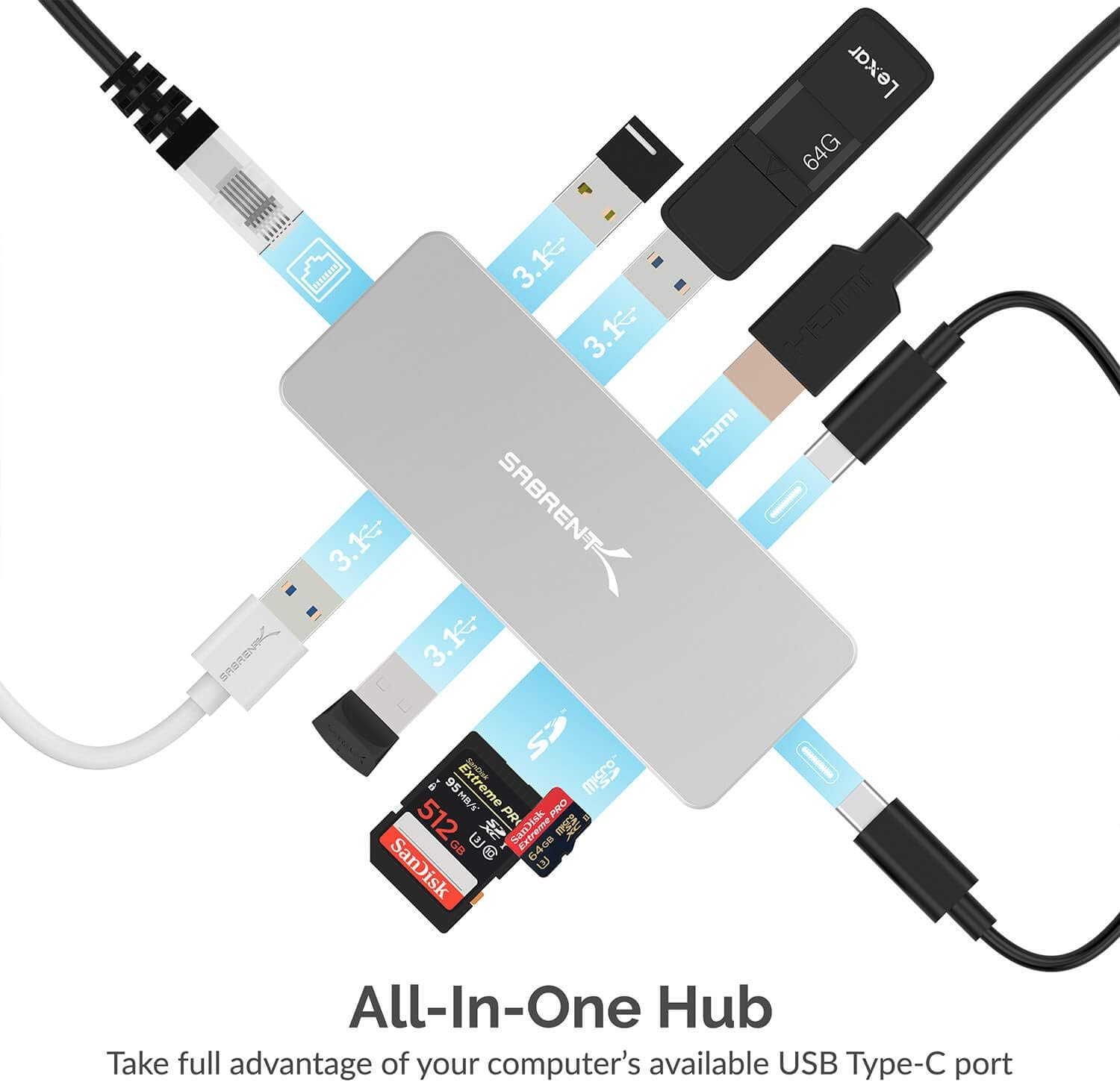 SABRENT USB C Hub 9 in 1 Multiport HUB | SD/TF Card Reader | HDMI 2.0 Port - Up to 4K @30Hz | USB 3.1 Ports | USB 2.0 Ports | RJ-45 Ethernet port | USB C 60W PD Pass-Through Power Input (HB-UHPN)