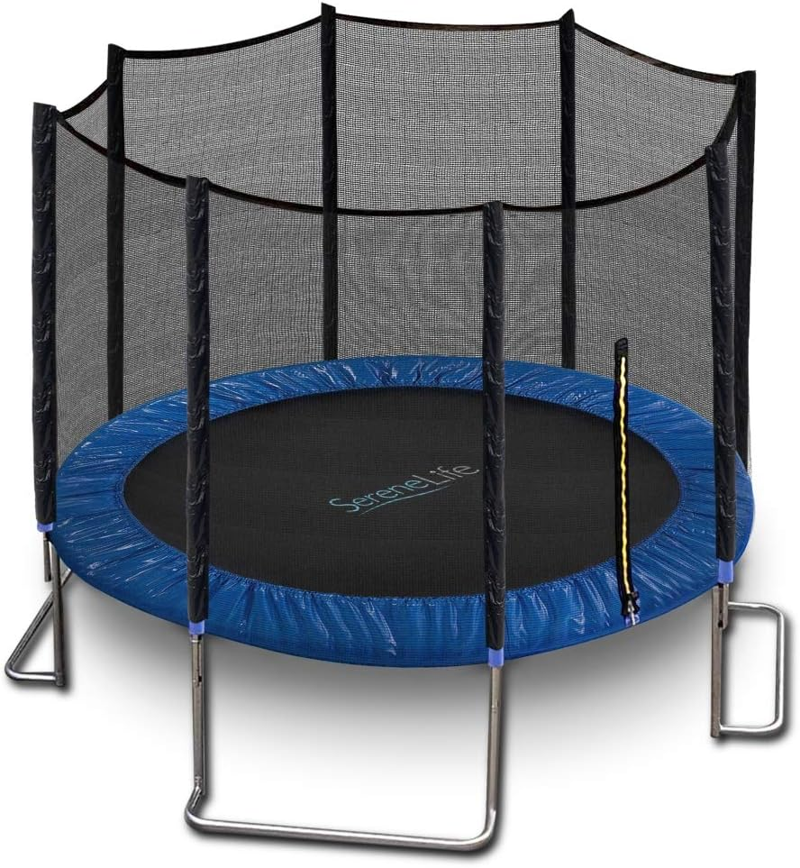 SereneLife 8FT 10FT 12 FT Trampoline Outdoor, L Shaped Feet Extra Stable- ASTM Approved, Net Cage Enclosure System and Reinforced Bouncy Jumping Mat Surface: for Kids Teens & Adults