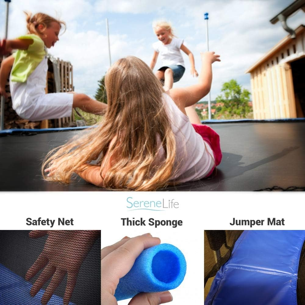 SereneLife 8FT 10FT 12 FT Trampoline Outdoor, L Shaped Feet Extra Stable- ASTM Approved, Net Cage Enclosure System and Reinforced Bouncy Jumping Mat Surface: for Kids Teens & Adults