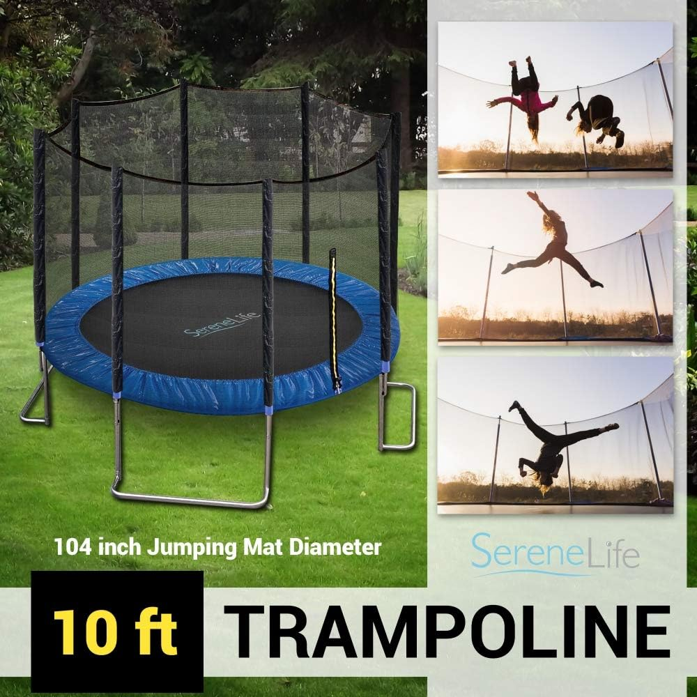 SereneLife 8FT 10FT 12 FT Trampoline Outdoor, L Shaped Feet Extra Stable- ASTM Approved, Net Cage Enclosure System and Reinforced Bouncy Jumping Mat Surface: for Kids Teens & Adults