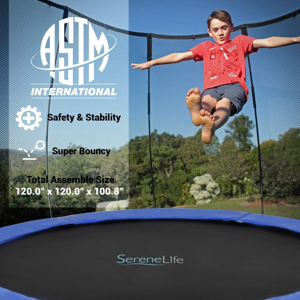 SereneLife 8FT 10FT 12 FT Trampoline Outdoor, L Shaped Feet Extra Stable- ASTM Approved, Net Cage Enclosure System and Reinforced Bouncy Jumping Mat Surface: for Kids Teens & Adults