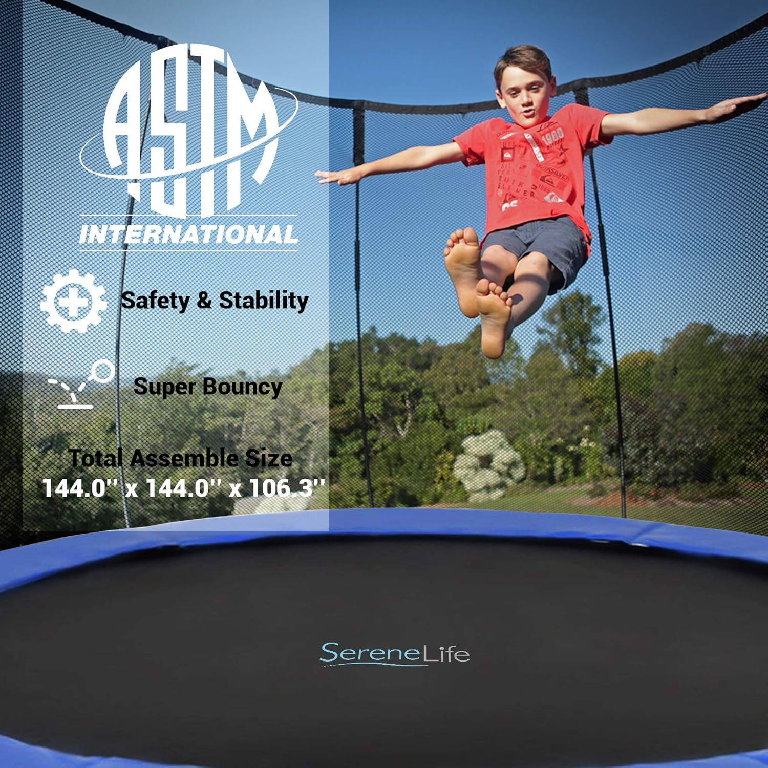 SereneLife 8FT 10FT 12 FT Trampoline Outdoor, L Shaped Feet Extra Stable- ASTM Approved, Net Cage Enclosure System and Reinforced Bouncy Jumping Mat Surface: for Kids Teens & Adults