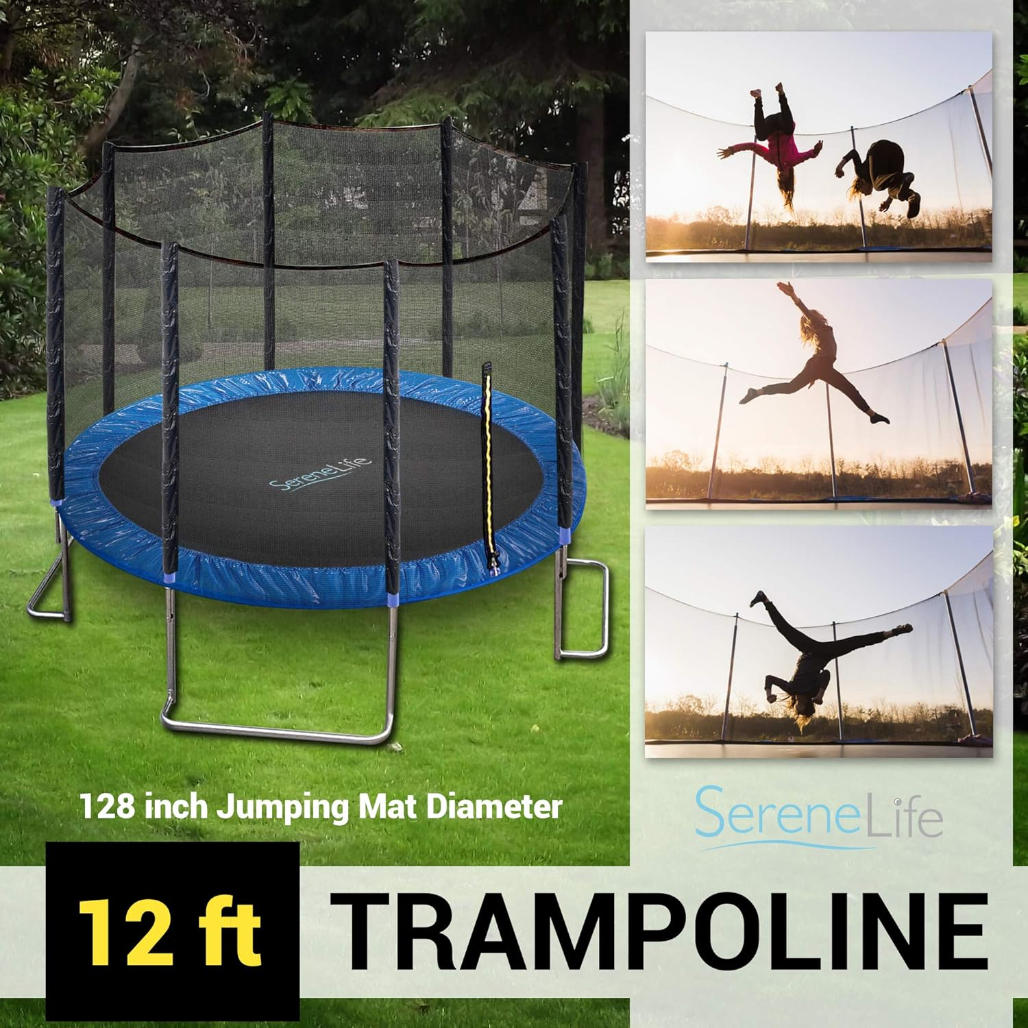 SereneLife 8FT 10FT 12 FT Trampoline Outdoor, L Shaped Feet Extra Stable- ASTM Approved, Net Cage Enclosure System and Reinforced Bouncy Jumping Mat Surface: for Kids Teens & Adults