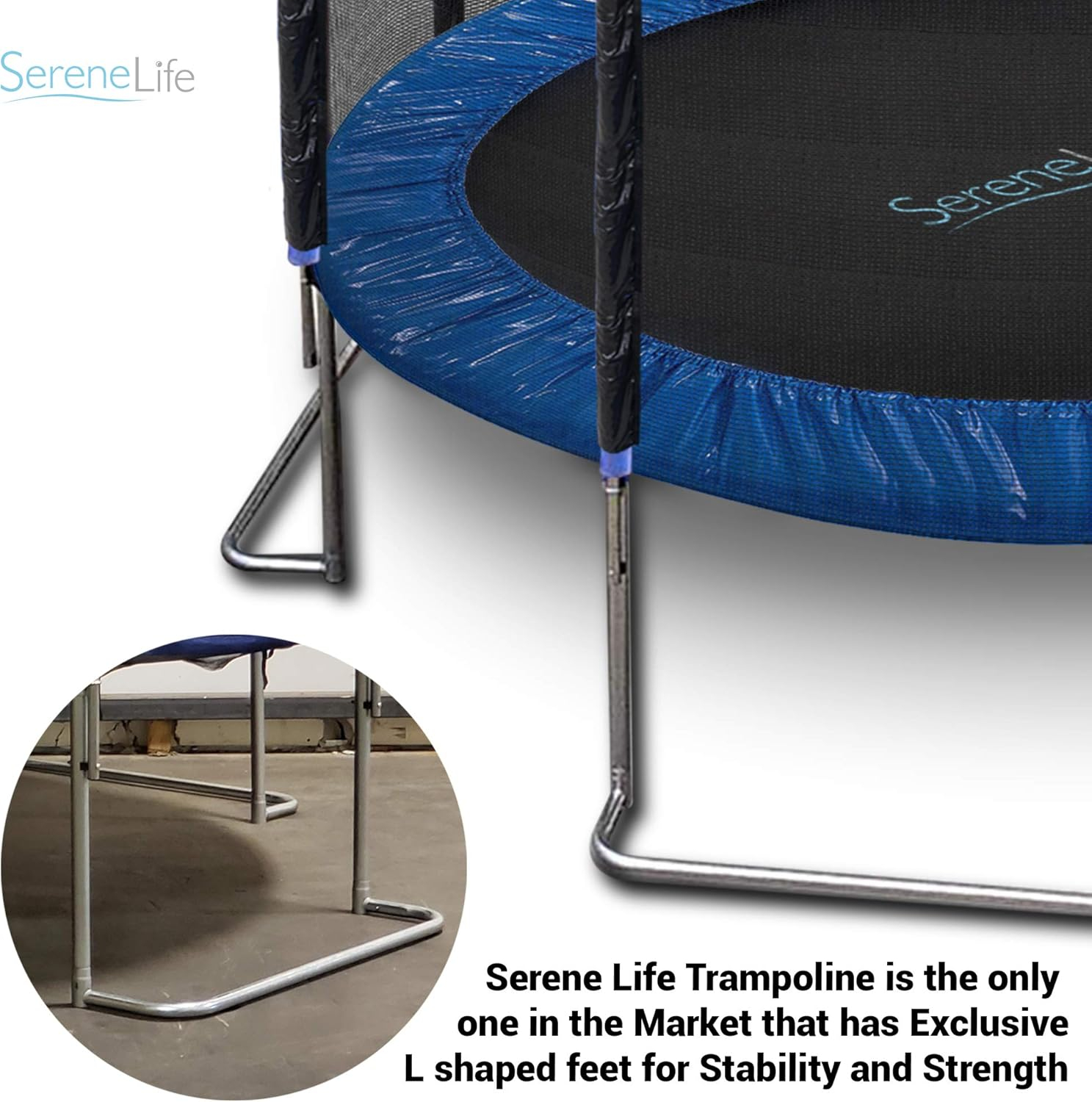 SereneLife 8FT 10FT 12 FT Trampoline Outdoor, L Shaped Feet Extra Stable- ASTM Approved, Net Cage Enclosure System and Reinforced Bouncy Jumping Mat Surface: for Kids Teens & Adults