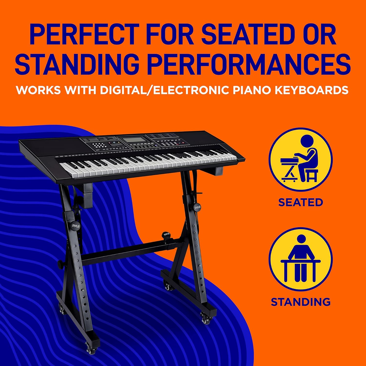 PYLE Keyboard Stand - Universal Heavy-Duty Z Style Piano Stand, Adjustable Height & Width, Portable Digital Piano Holder Rack, w/Locking Wheels, Collapsible Design- Sitting & Standing Performances