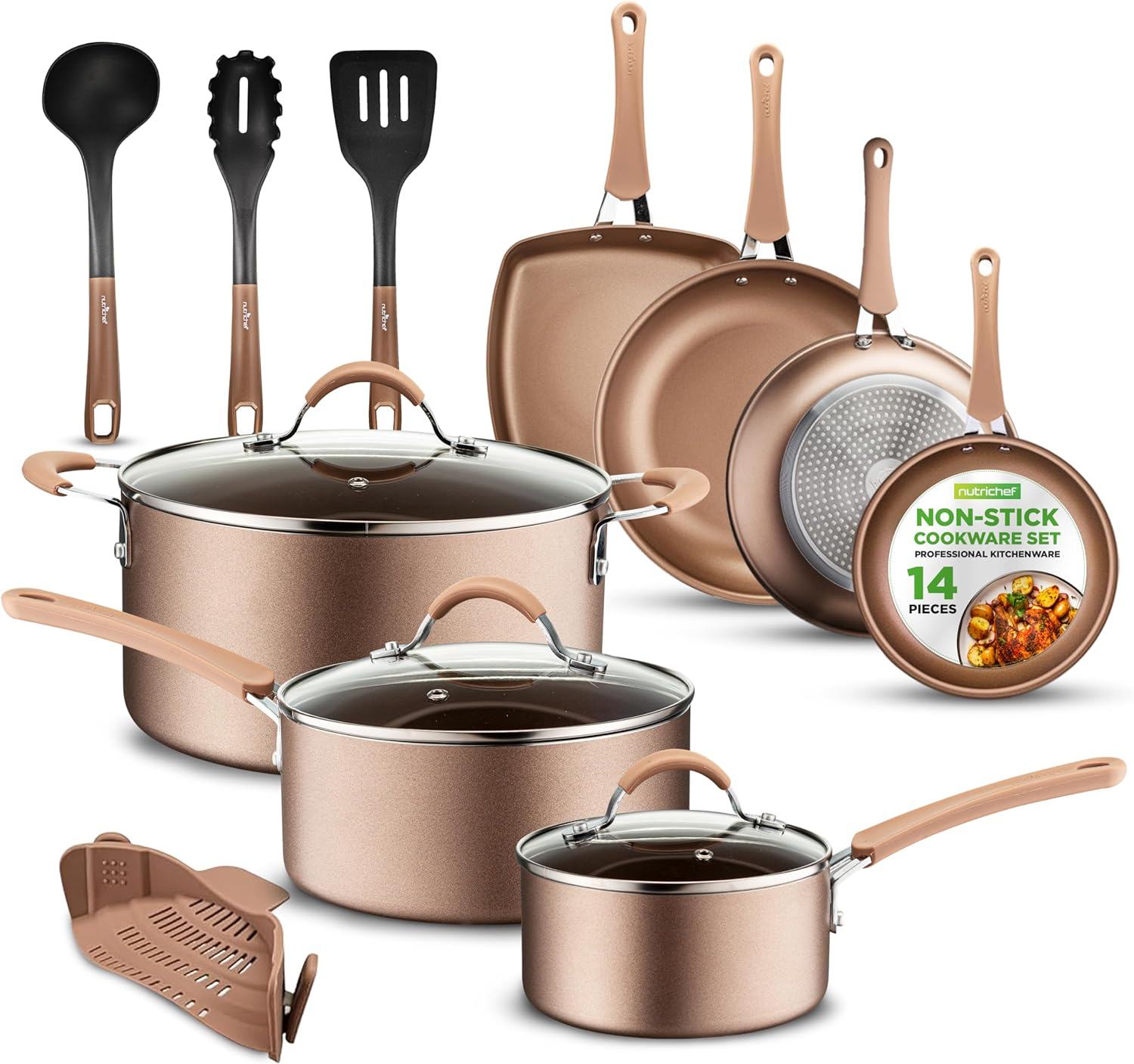 NutriChef 14Pc Nonstick Cookware Set, Pots and Pan Set, Induction Cookware Set- w/Saucepan, Frying Pans, Cooking, Dutch Oven Pot, Lids, Utensils, Strainer