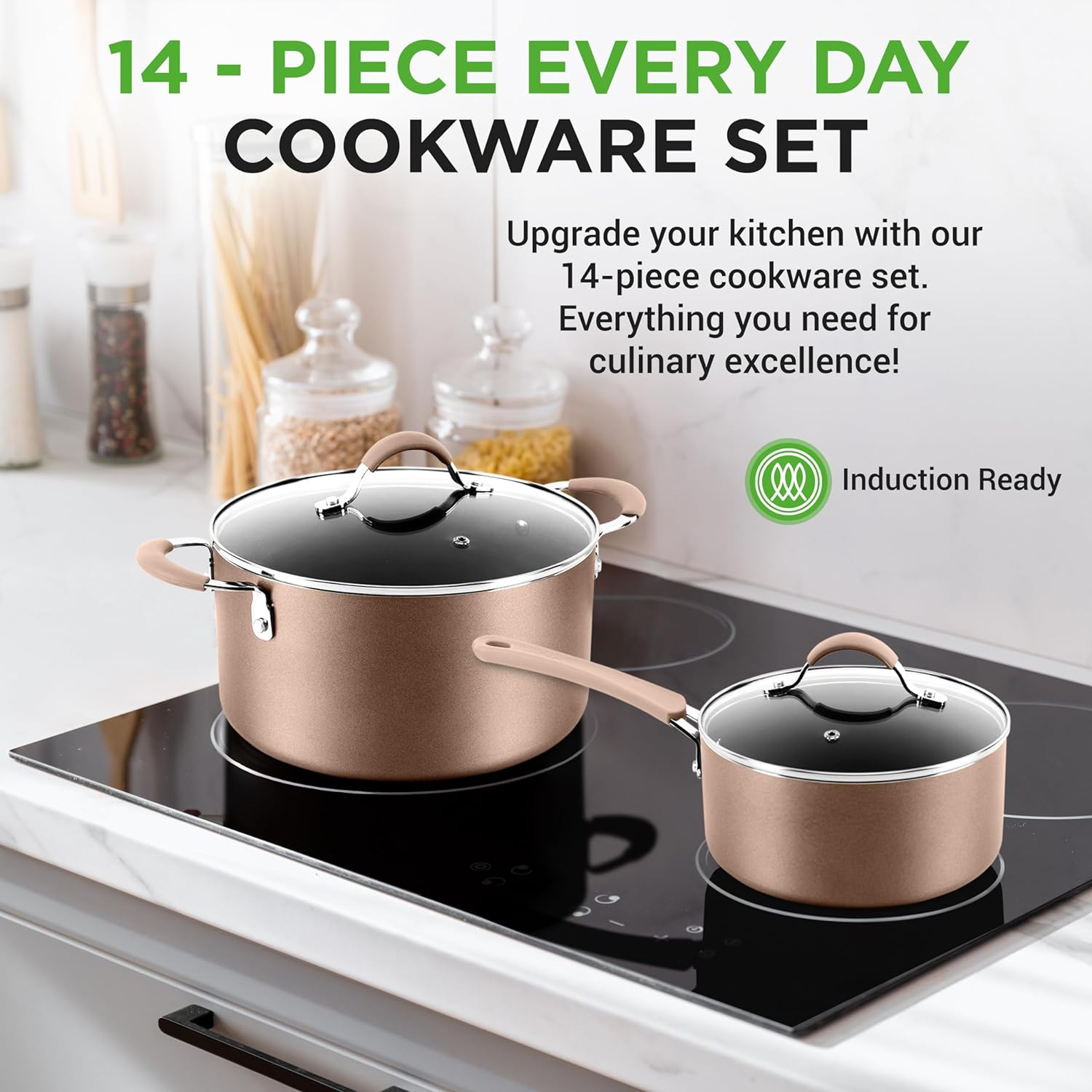 NutriChef 14Pc Nonstick Cookware Set, Pots and Pan Set, Induction Cookware Set- w/Saucepan, Frying Pans, Cooking, Dutch Oven Pot, Lids, Utensils, Strainer