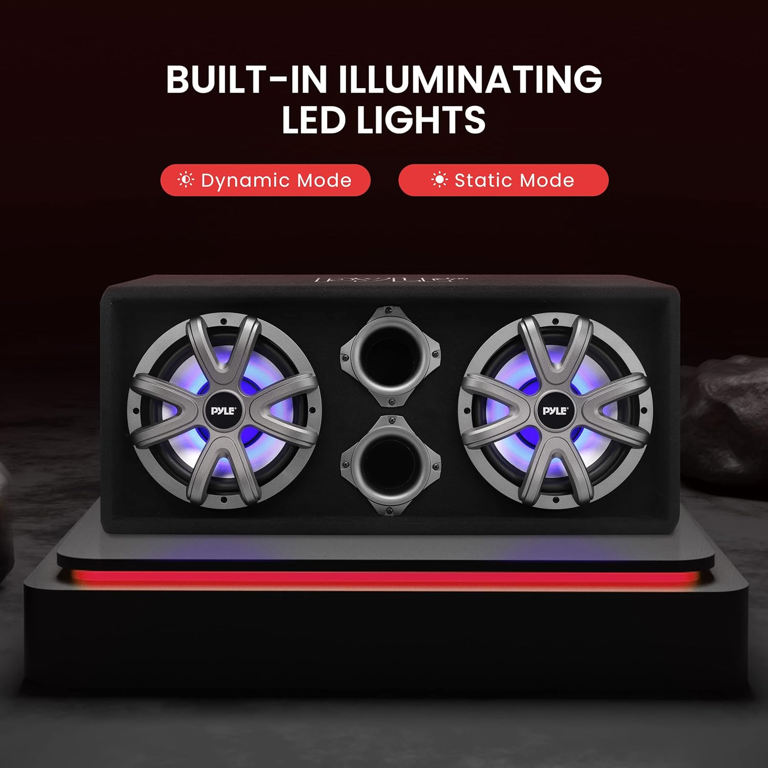 Pyle 10" Dual Subwoofer Box System - 500-Watt Slim Mount Truck Audio Subwoofer Box - Rear Vented Design with Built-in Illuminating LED Lights, 2x500 Watts Max Power