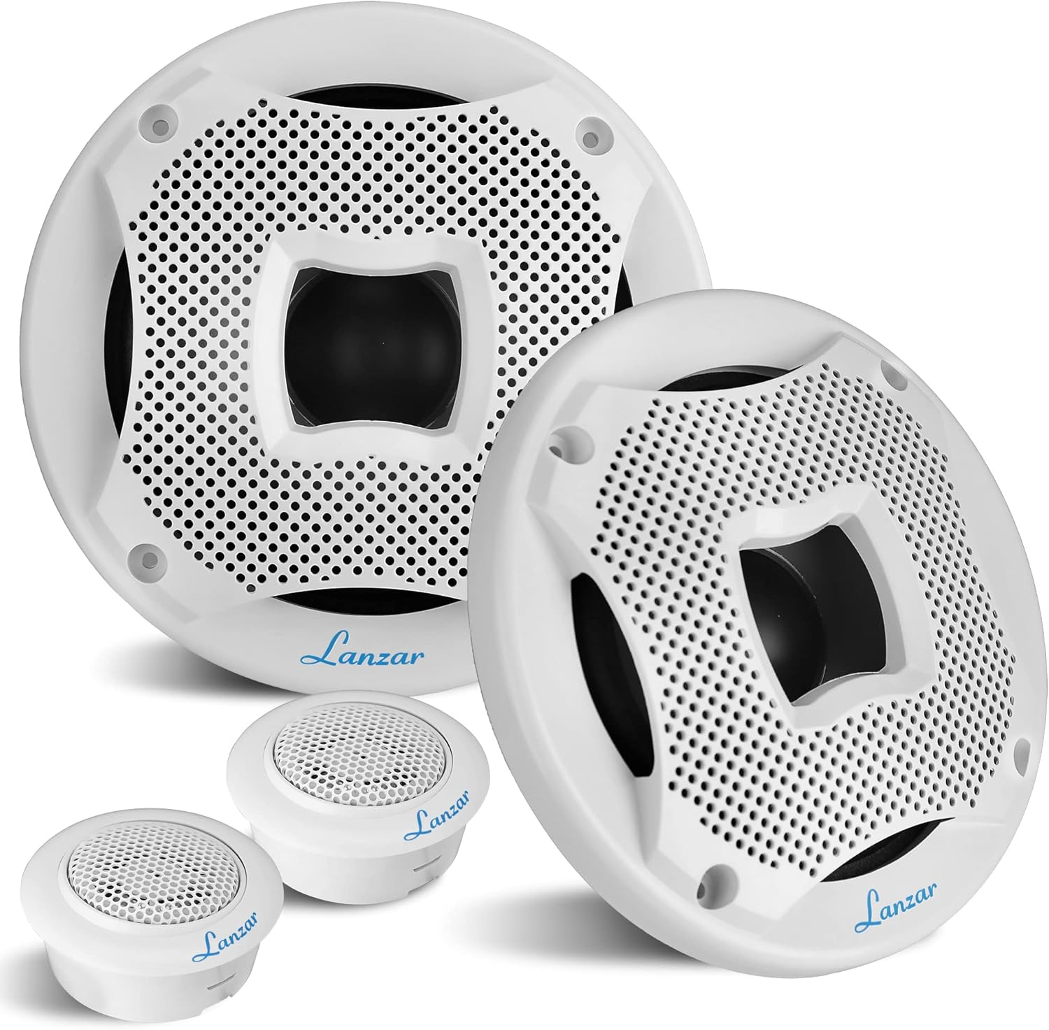 Two Way Marine Speaker System, One Pair 6.5 inch Marine Component Speaker, 450 Watts Max Power with 4 Ohm Impedance, Waterproof, Flush Mount Capability, Resin Treatment Cloth Surround, White