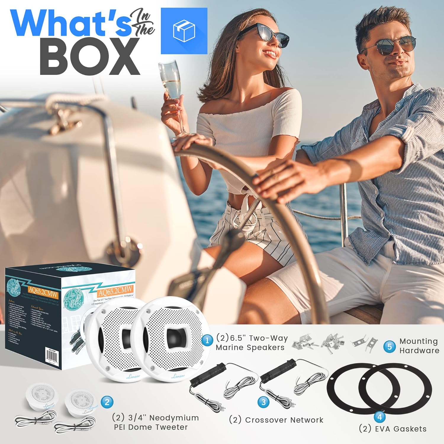 Two Way Marine Speaker System, One Pair 6.5 inch Marine Component Speaker, 450 Watts Max Power with 4 Ohm Impedance, Waterproof, Flush Mount Capability, Resin Treatment Cloth Surround, White