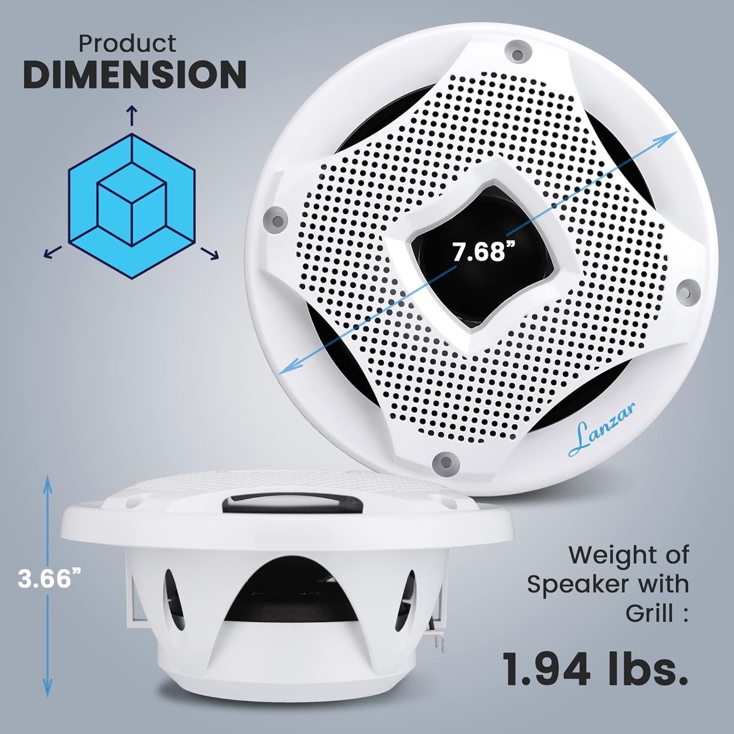 Two Way Marine Speaker System, One Pair 6.5 inch Marine Component Speaker, 450 Watts Max Power with 4 Ohm Impedance, Waterproof, Flush Mount Capability, Resin Treatment Cloth Surround, White